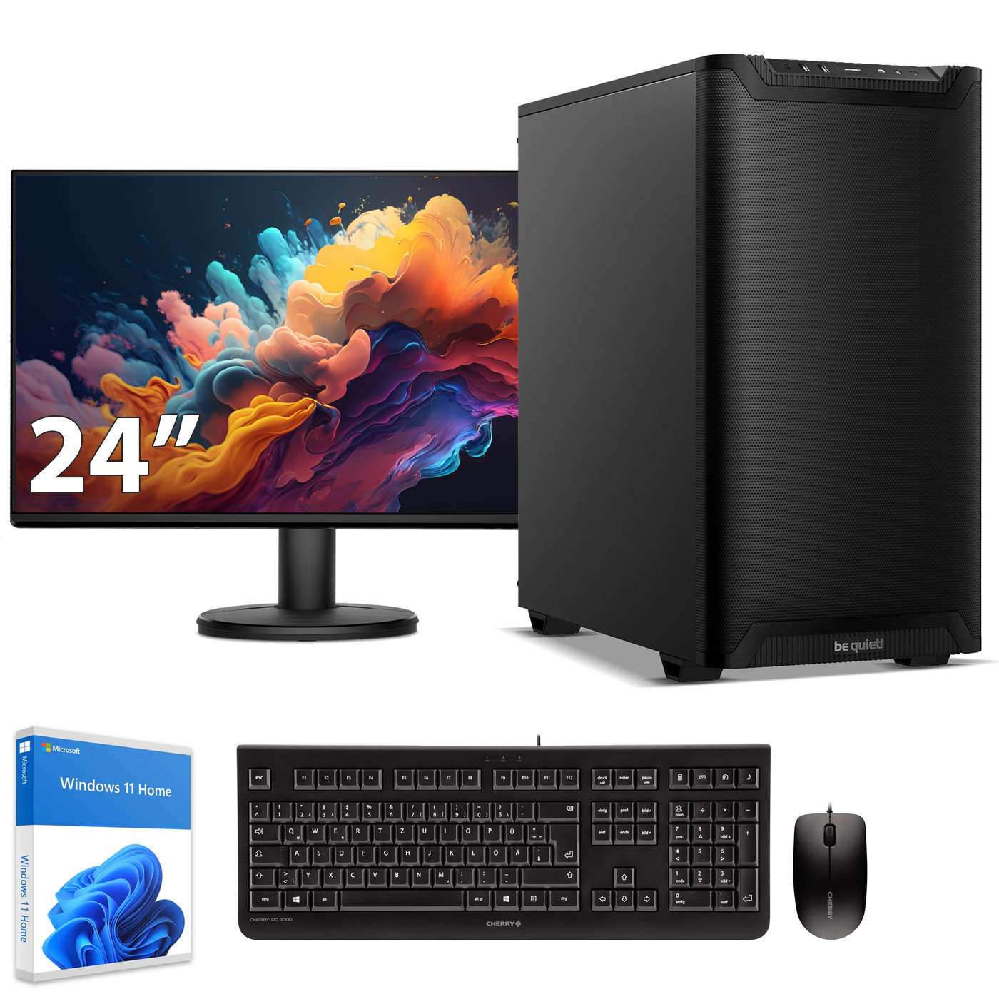 Konfiguracja komputera z monitorem 24", klawiaturą, myszą i obudową PC be quiet!