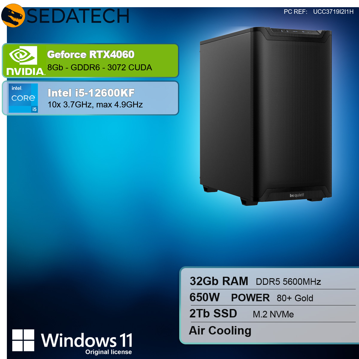 Case per computer nero con specifiche: Geforce RTX4060, i5-12600KF, 32GB RAM.