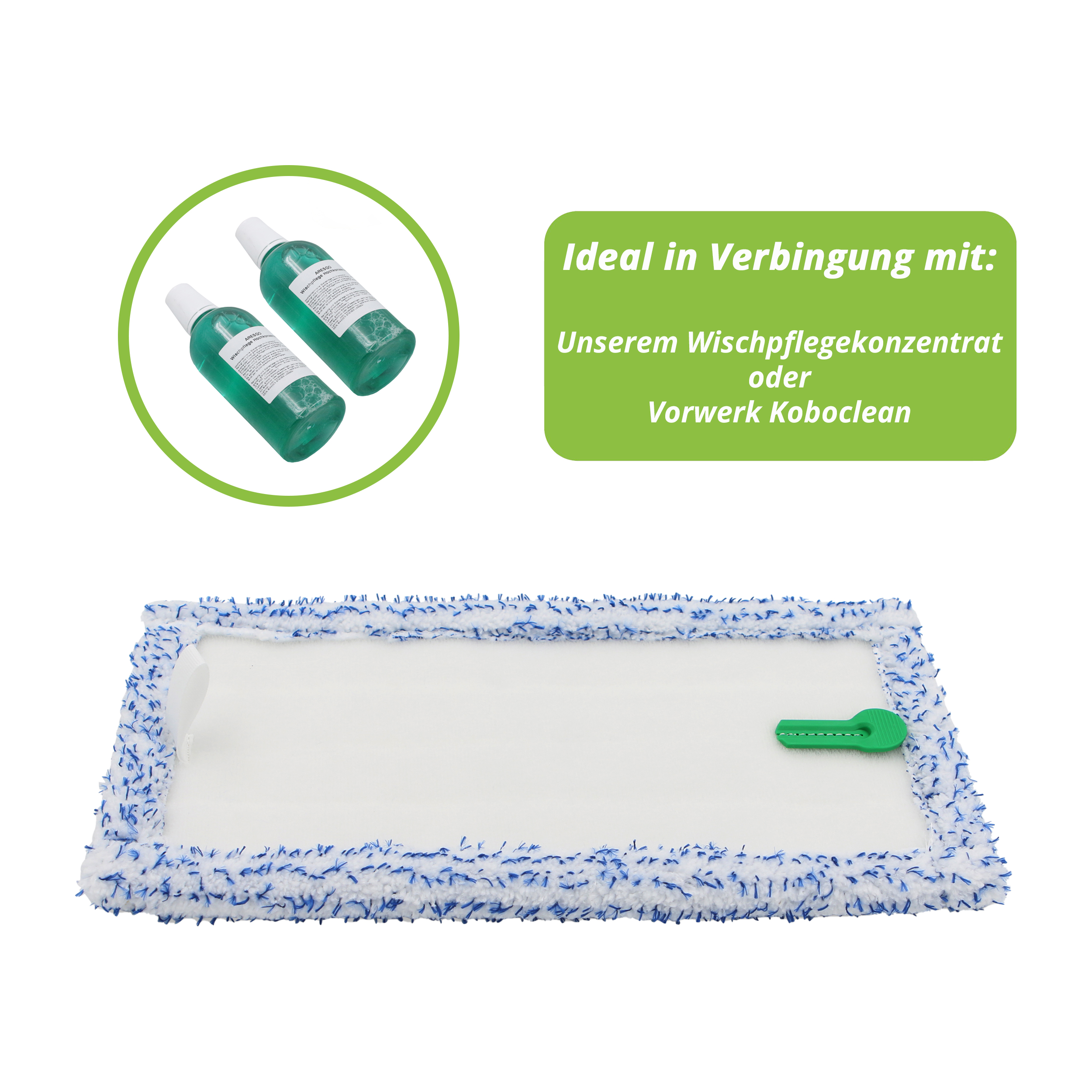 Ein Moppkopf mit zwei Flaschen Reinigungsflüssigkeit und einem grünen Griff, alles auf weißem Hintergrund.