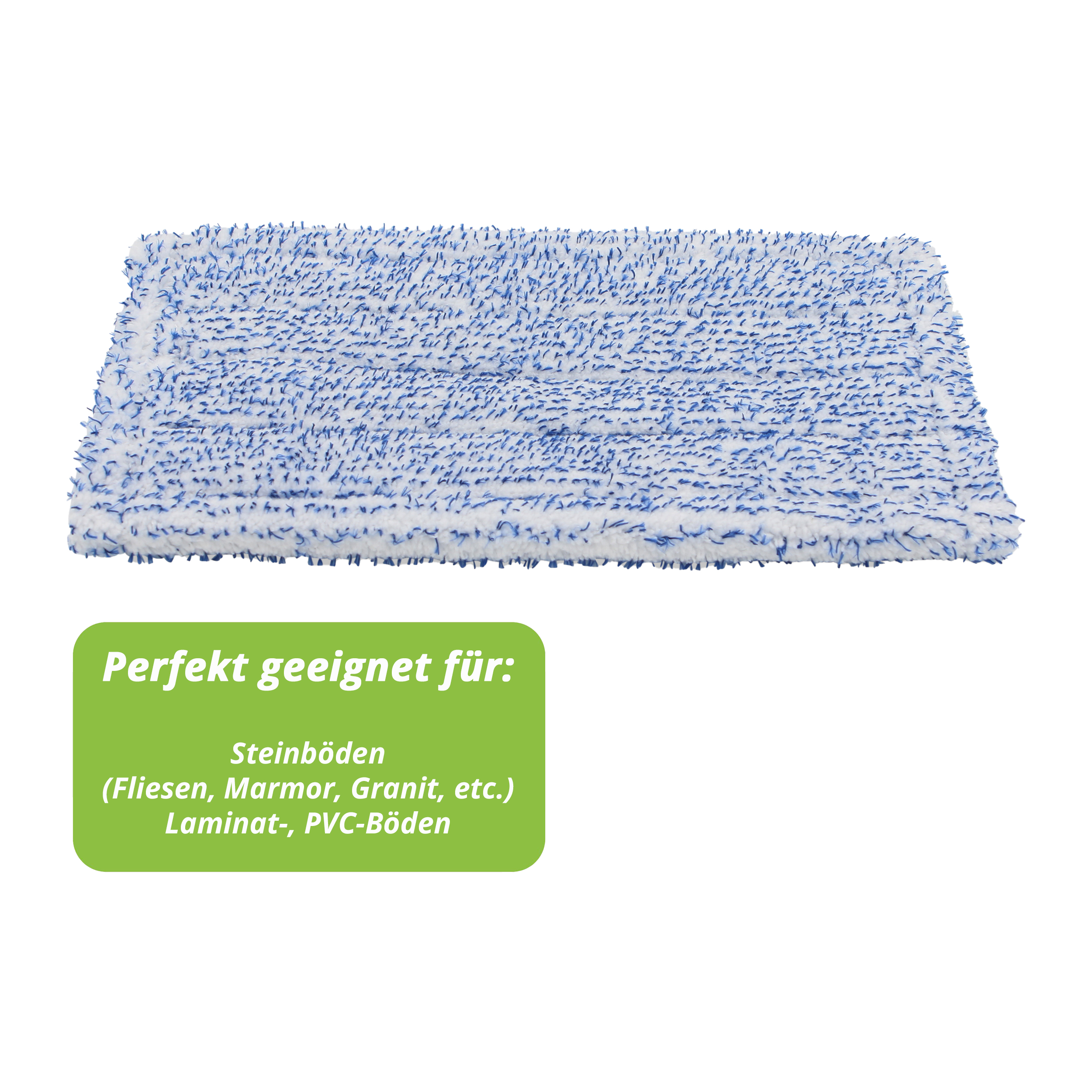 Weiß-blauer Wischmopp-Kopf mit Text, der die Eignung für Steinböden angibt.
