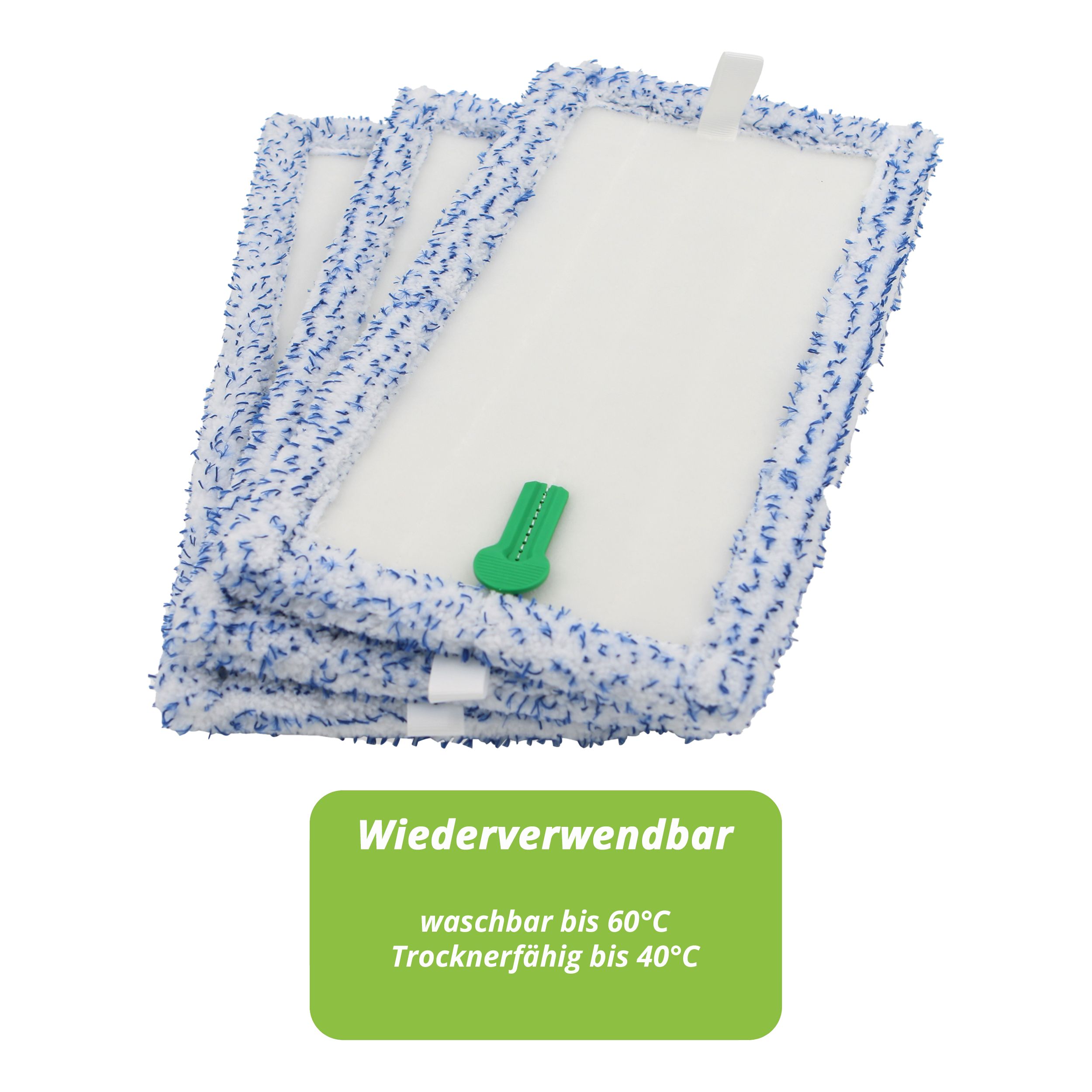 Drei wiederverwendbare Mopp-Pads mit blauer Umrandung und grünem Clip. Text besagt waschbar und trocknergeeignet.