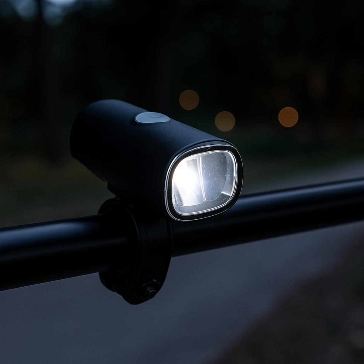 Zwarte fietsverlichting gemonteerd op een zwarte stang. Licht is aan, verlicht de weg.