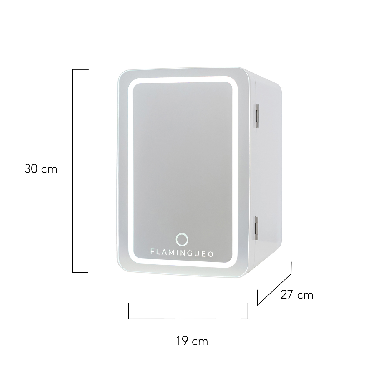 Un mueble de baño blanco con espejo y luces, con dimensiones etiquetadas sobre fondo blanco.