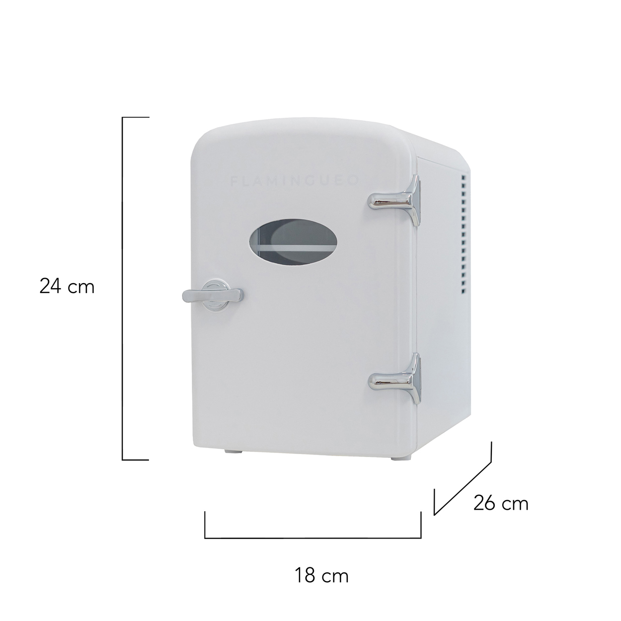 Mini nevera blanca con asas plateadas. Dimensiones etiquetadas: 24cm, 18cm y 26cm.