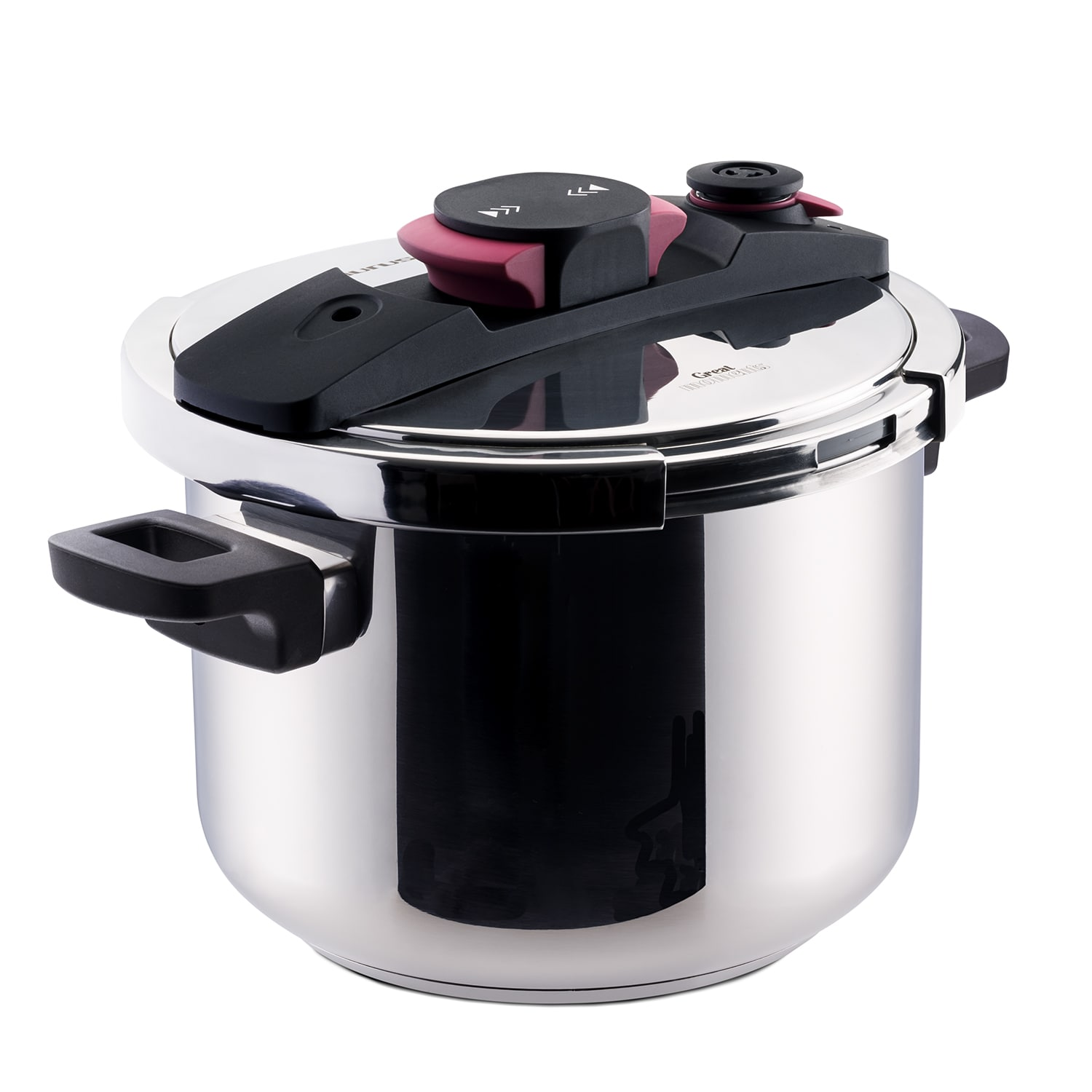 Una olla a presión plateada brillante con asa negra, tapa y válvula rosa sobre blanco.
