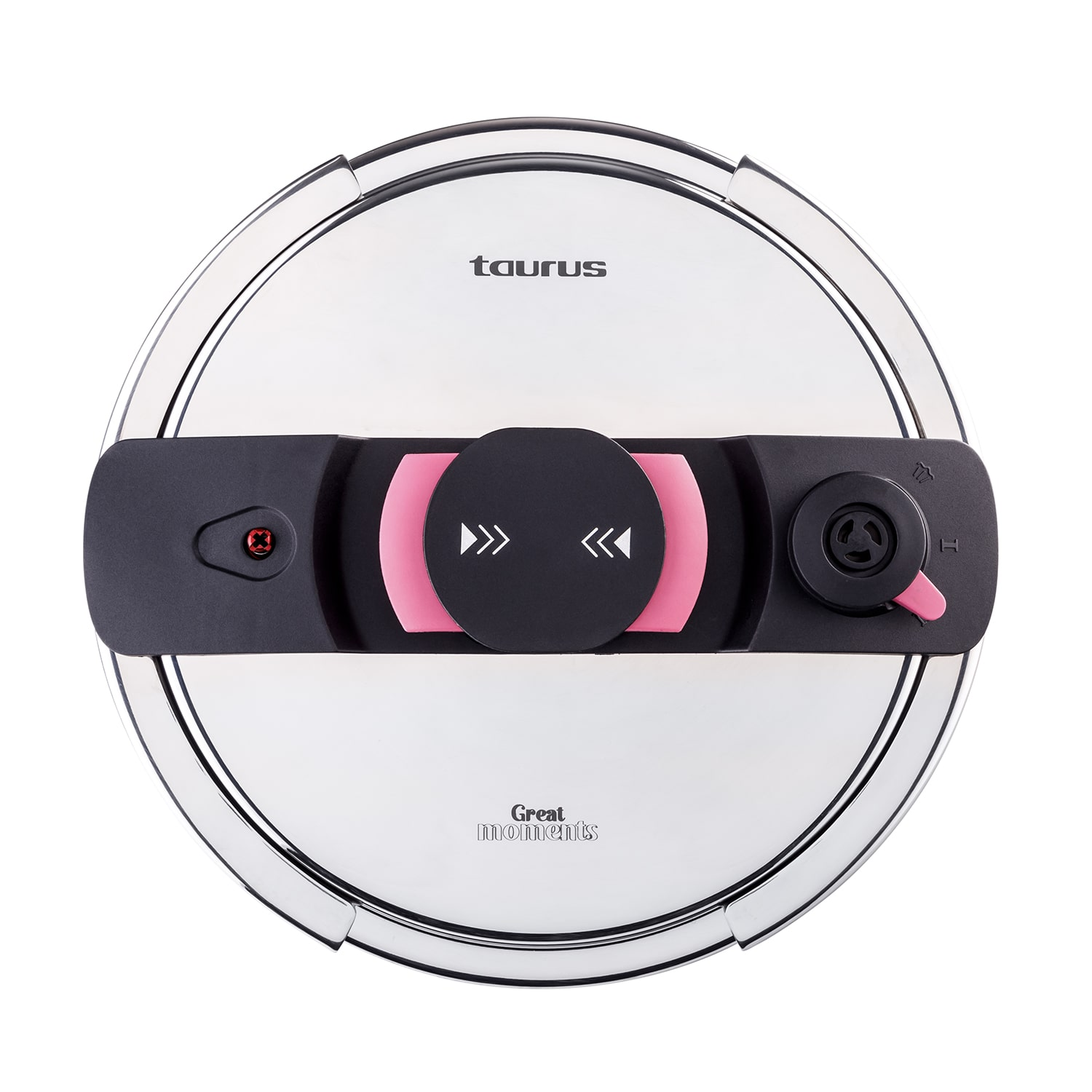 Una aspiradora robot blanca y plateada con detalles en rosa y botones de control.