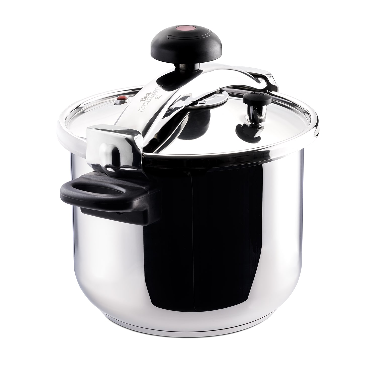 Olla a presión de acero inoxidable. Mango negro, tapa con pomo negro y válvula de alivio de presión.