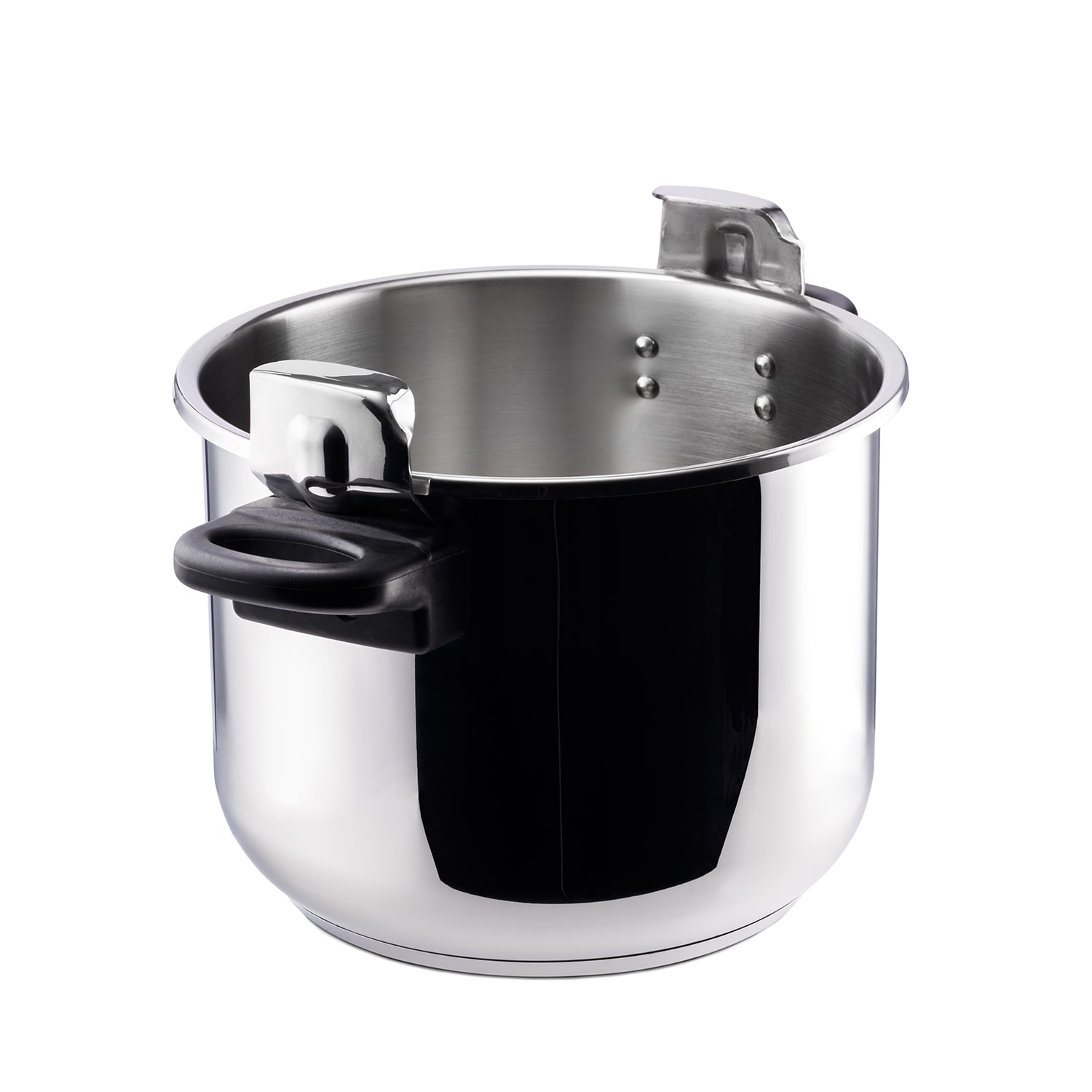 Olla de acero inoxidable con asa negra, dos asas laterales. Fondo blanco. Olla de cocina limpia.