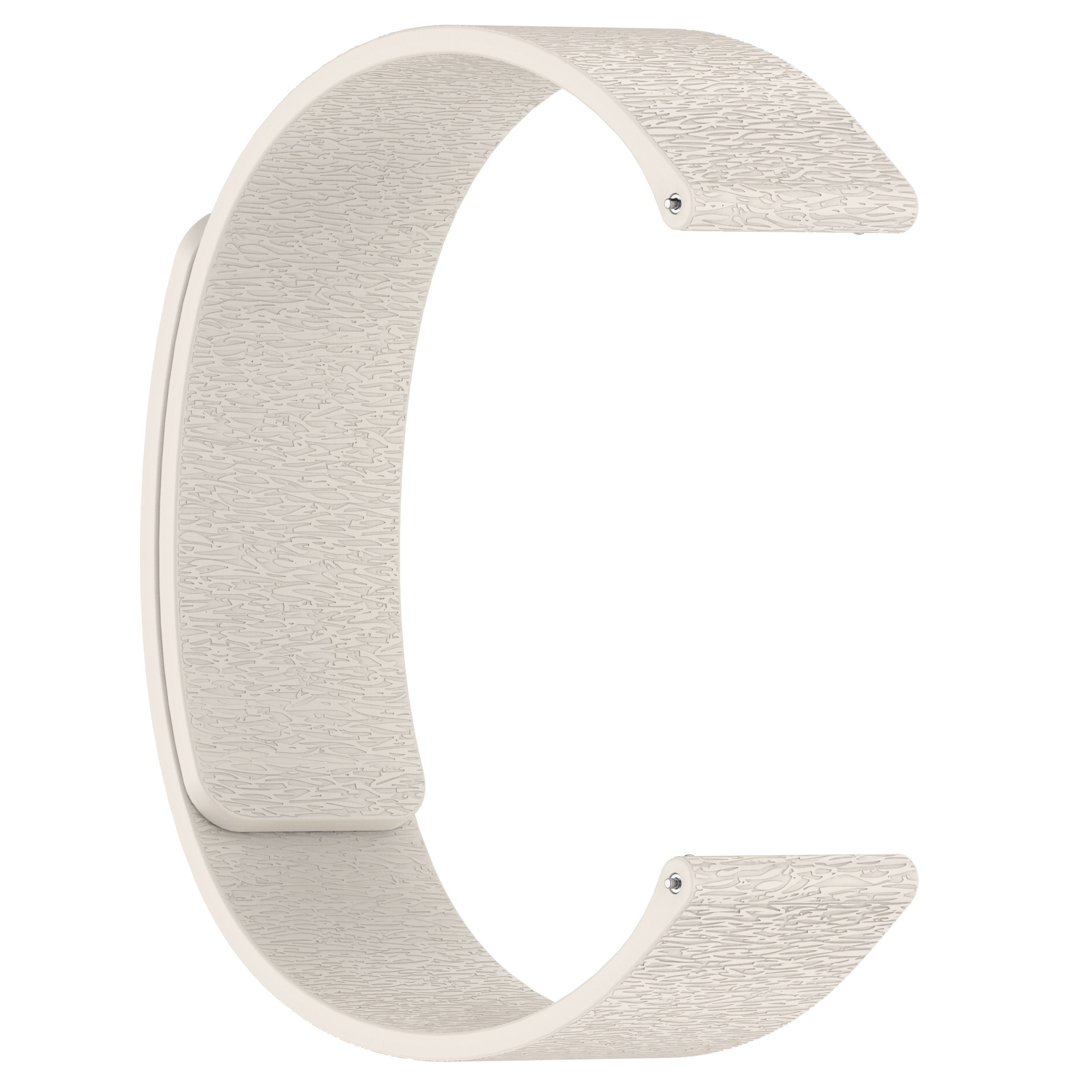 Ein C-förmiges Uhrenarmband in hellbeiger Farbe, das die Textur des Materials zeigt.