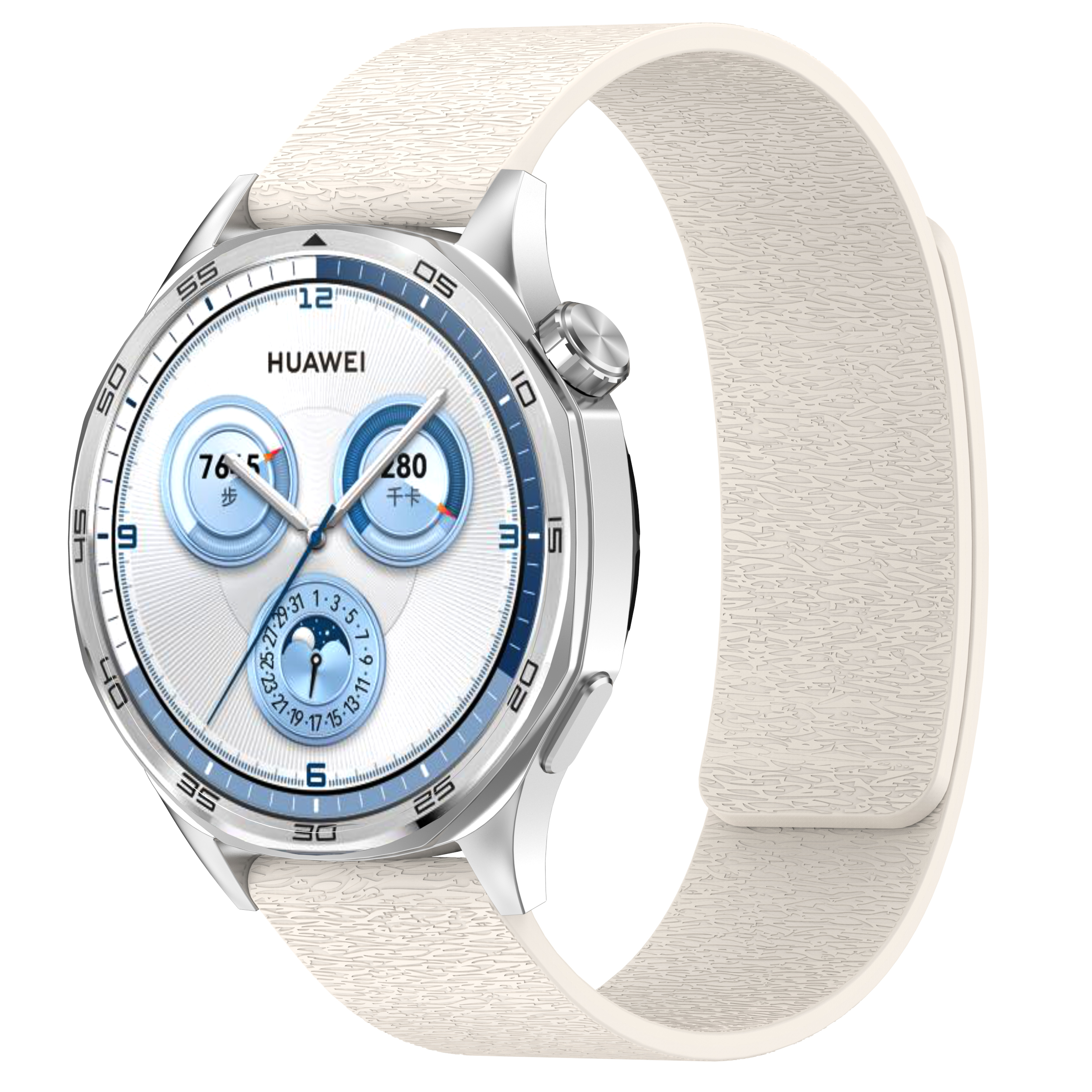 Eine silberne Smartwatch mit weißem Armband. Das Zifferblatt zeigt eine Digitaluhr, Schritte und einen Kalender.