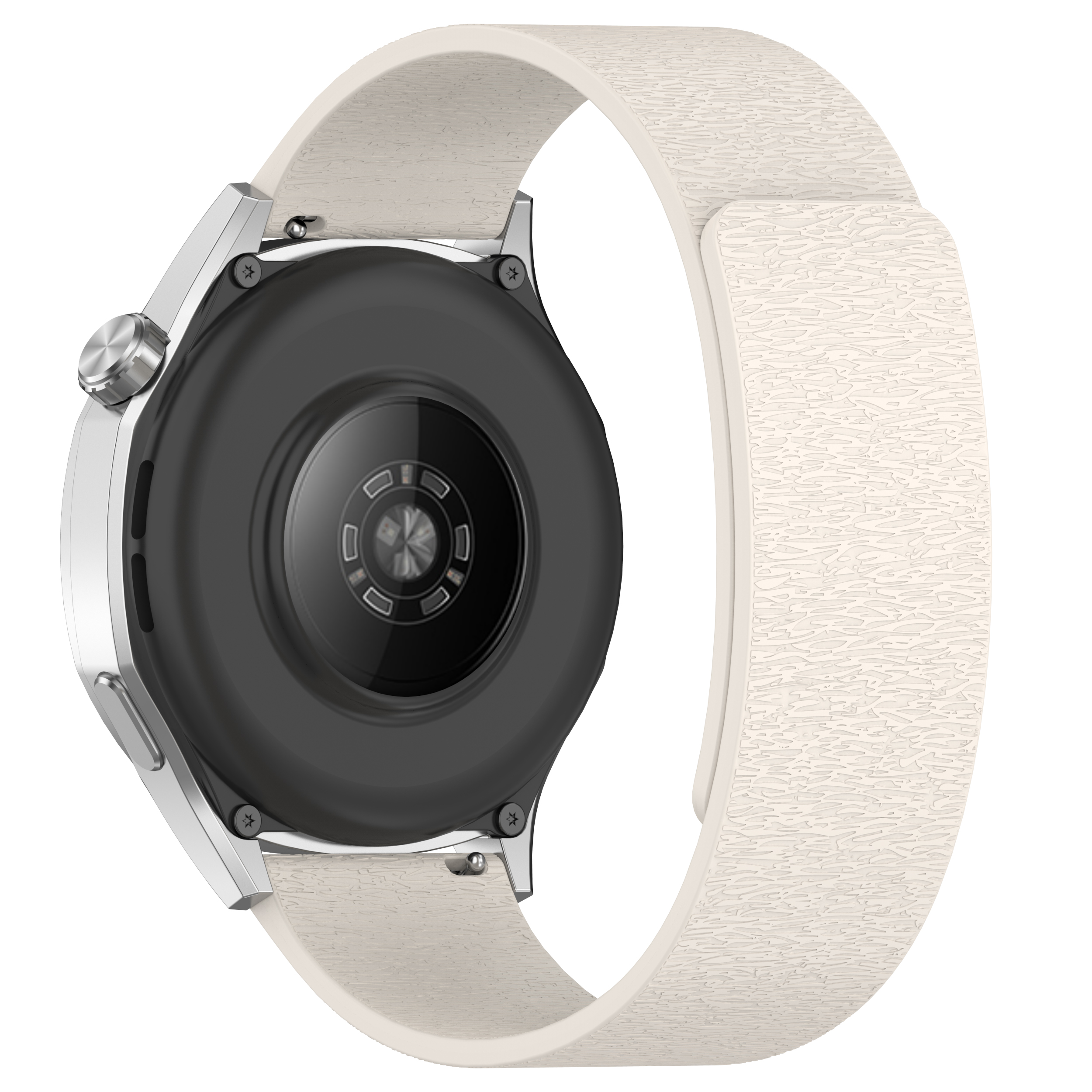 Eine silberne Smartwatch mit weißem Armband, Rück- und Seitenansicht.