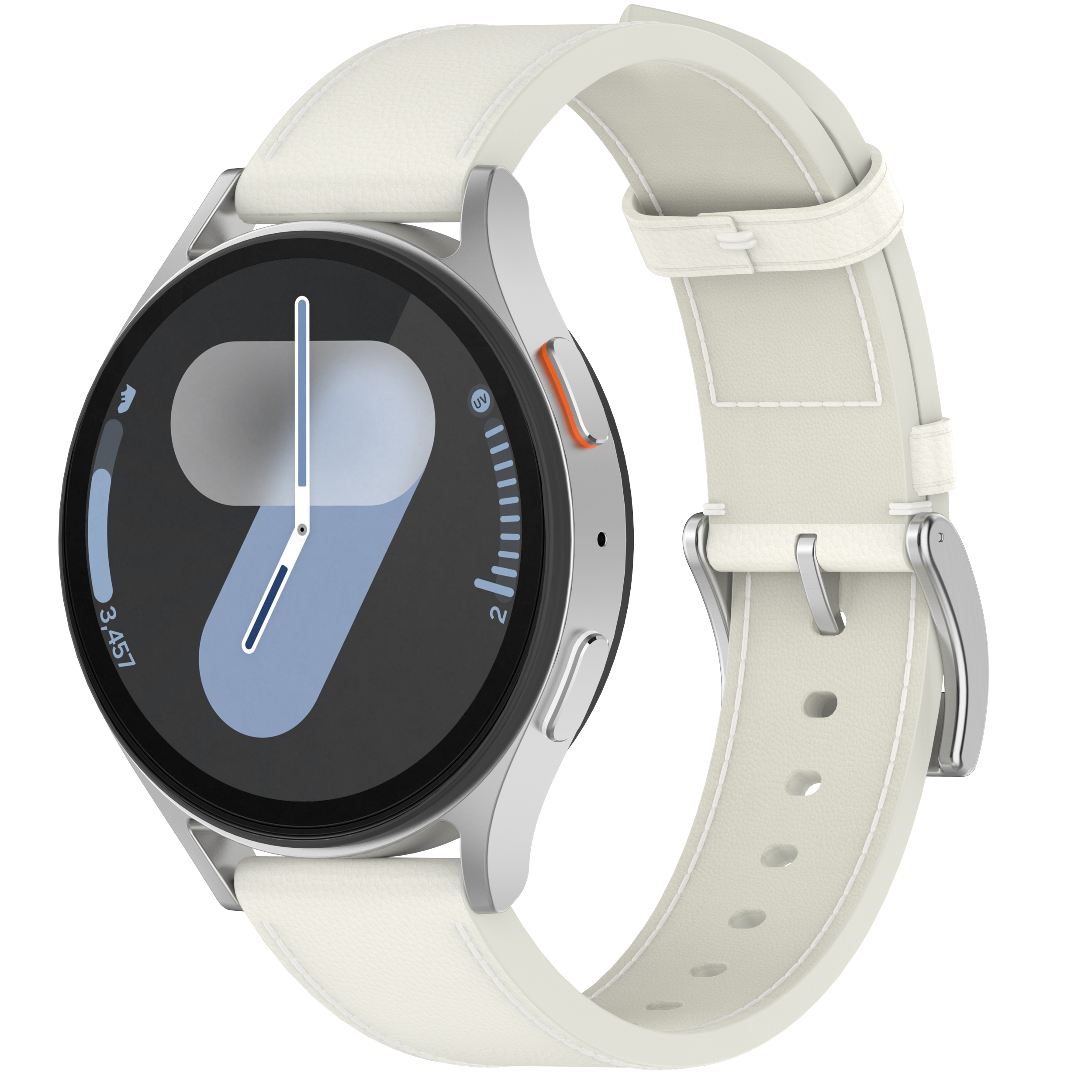 Eine silberne Smartwatch mit weißem Armband. Die Uhr zeigt eine Uhr und UV-Anzeige.