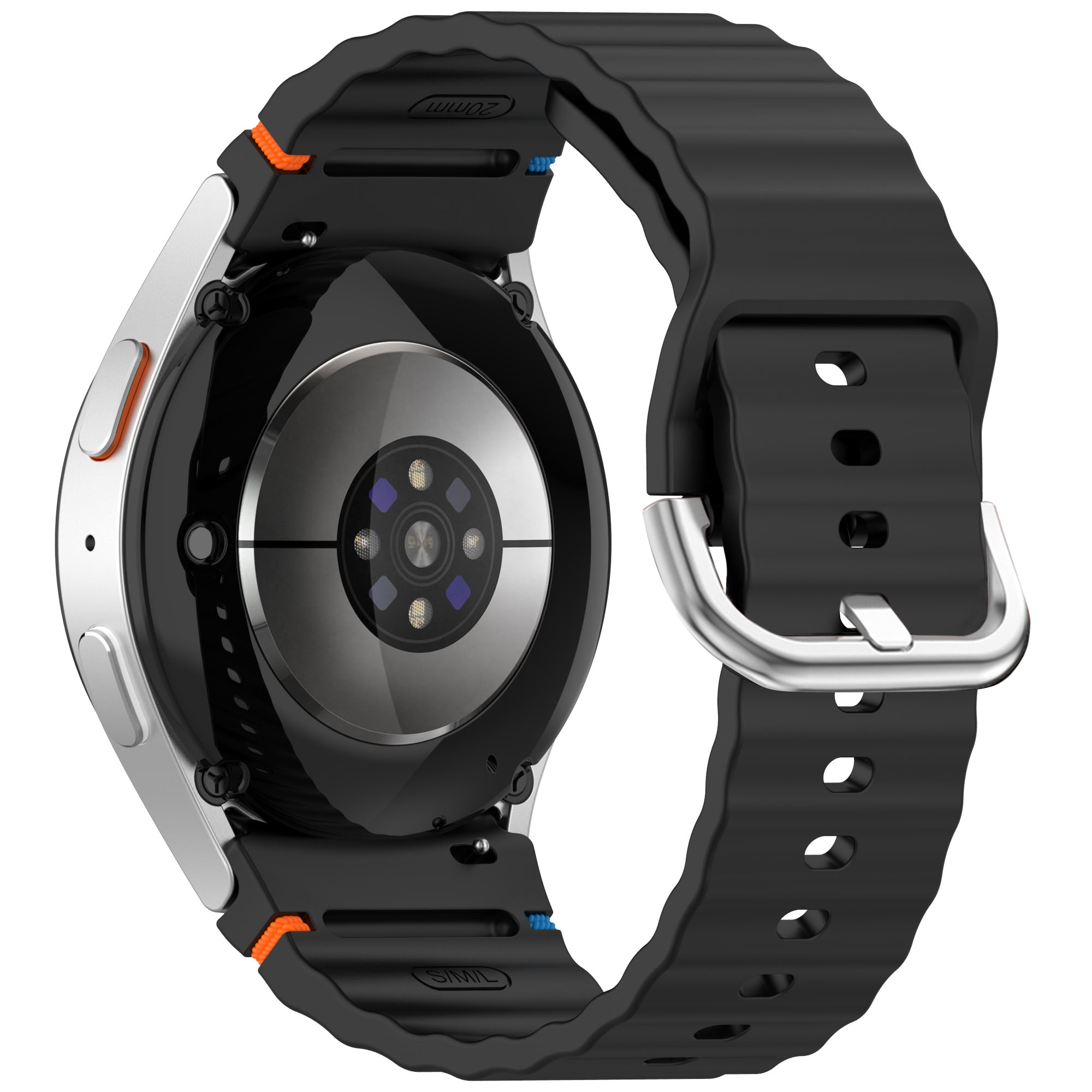 Eine Smartwatch mit schwarzem Armband. Die Rückseite zeigt Sensoren. Das Armband hat orangefarbene und blaue Akzente.