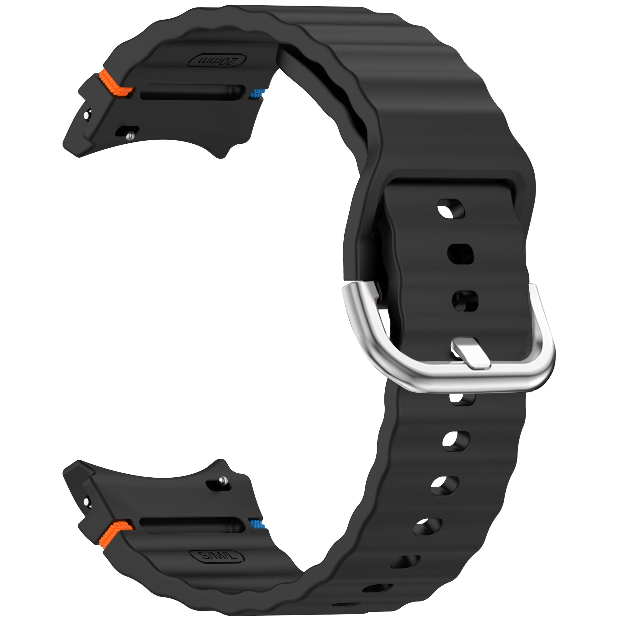 Ein schwarzes Uhrenarmband, gebogen, mit Metallschnalle und orangefarbenen und blauen Akzenten.
