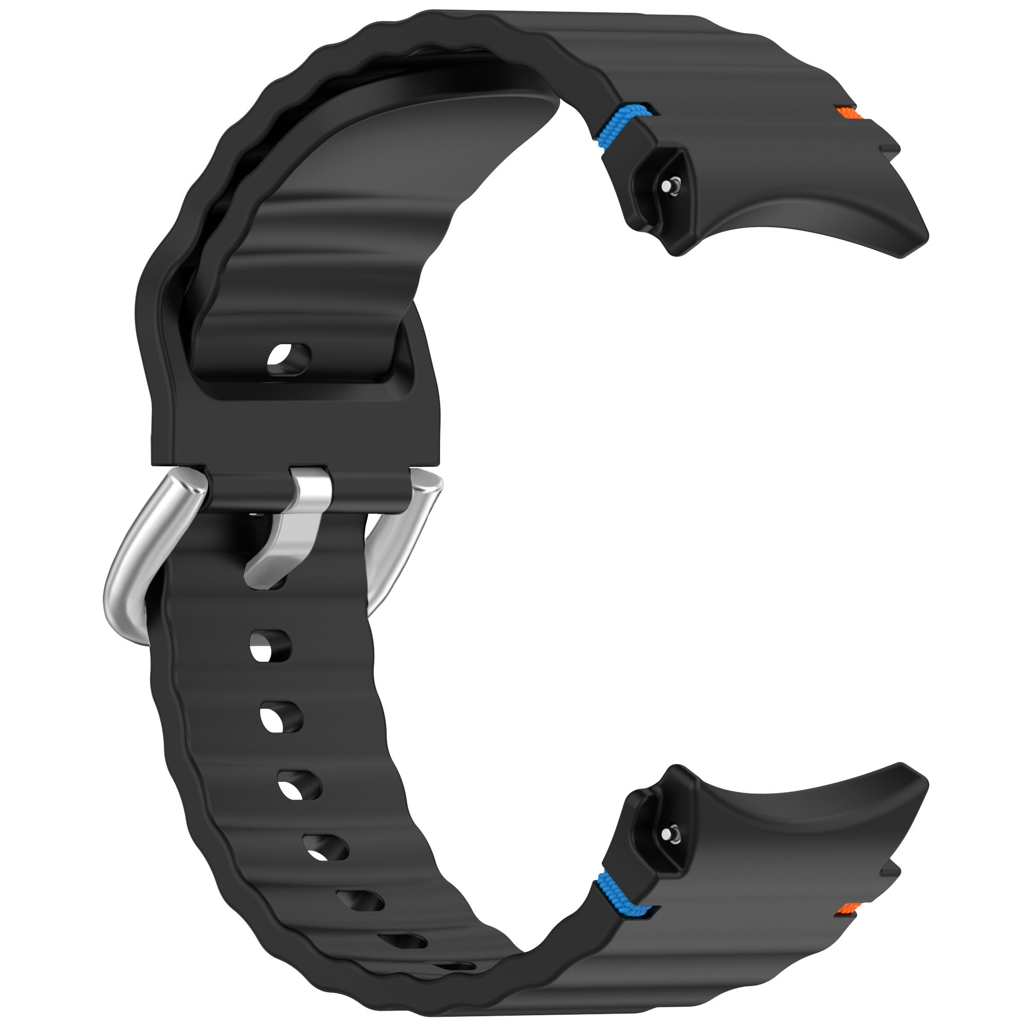 Schwarzes Armband mit Metallschnalle. Das Armband hat eine wellige Textur.