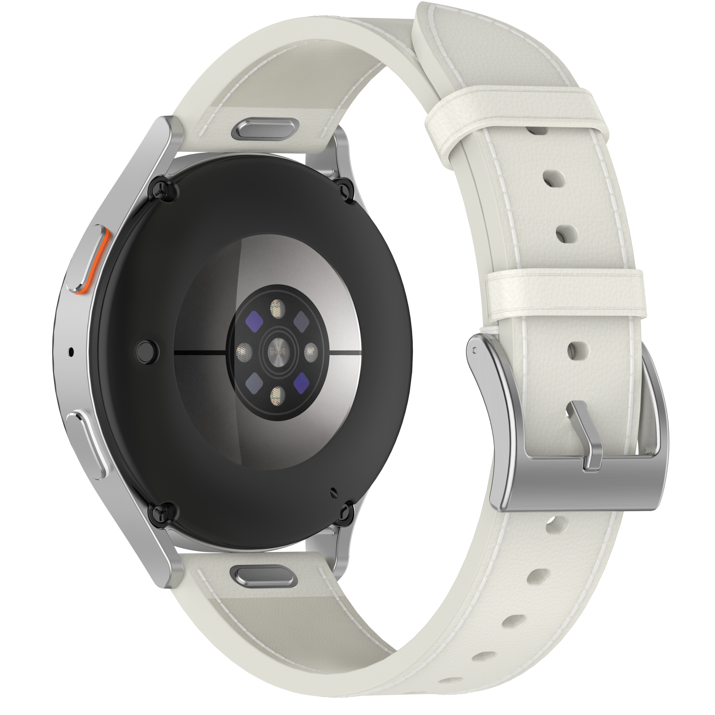 Nahaufnahme einer Smartwatch, zeigt Rückseite und weißes Lederarmband.