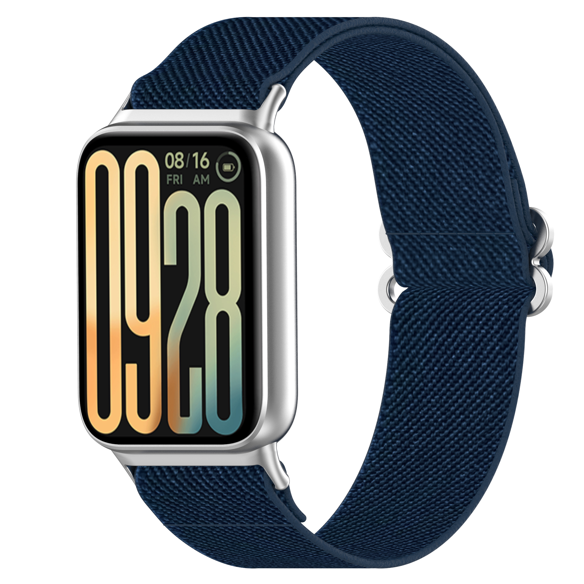 Eine Smartwatch mit blauem Stoffarmband. Der Bildschirm zeigt Datum und Uhrzeit. Silbernes Gehäuse.