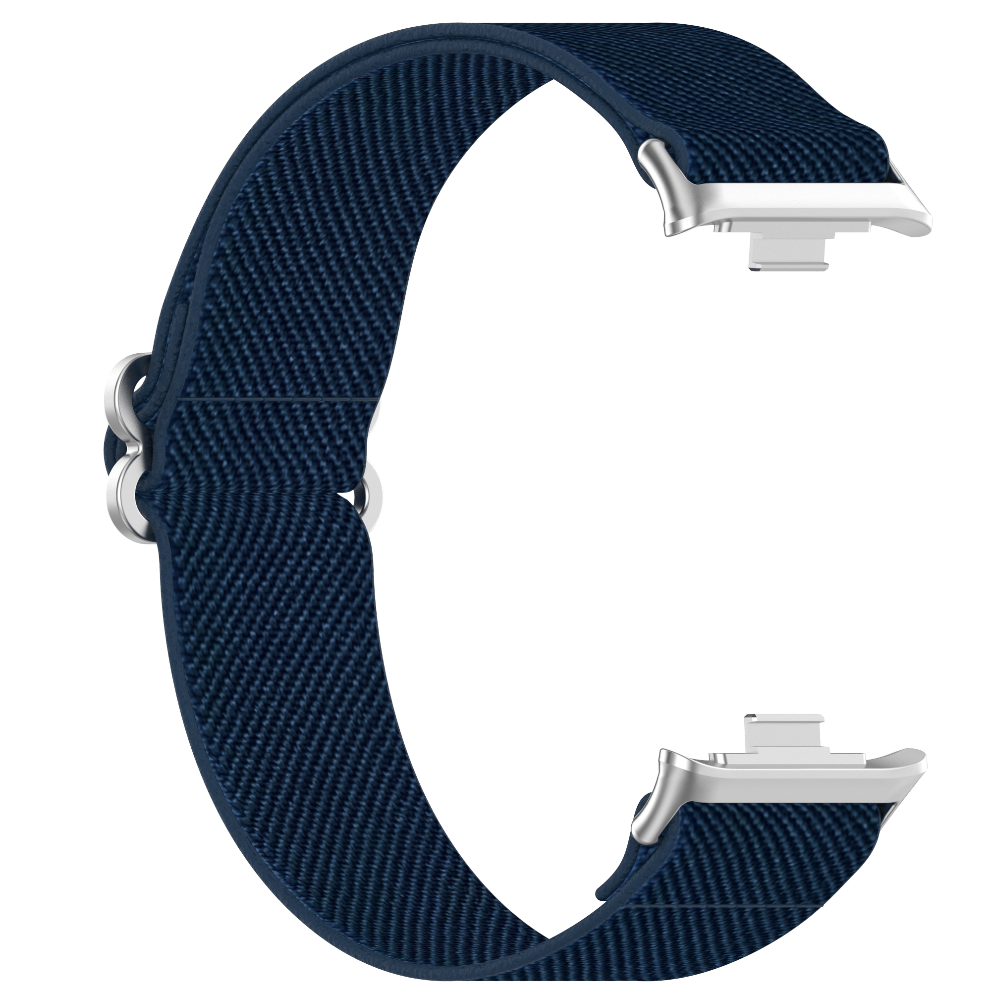 Dunkelblaues Uhrenarmband mit metallischen Befestigungen.