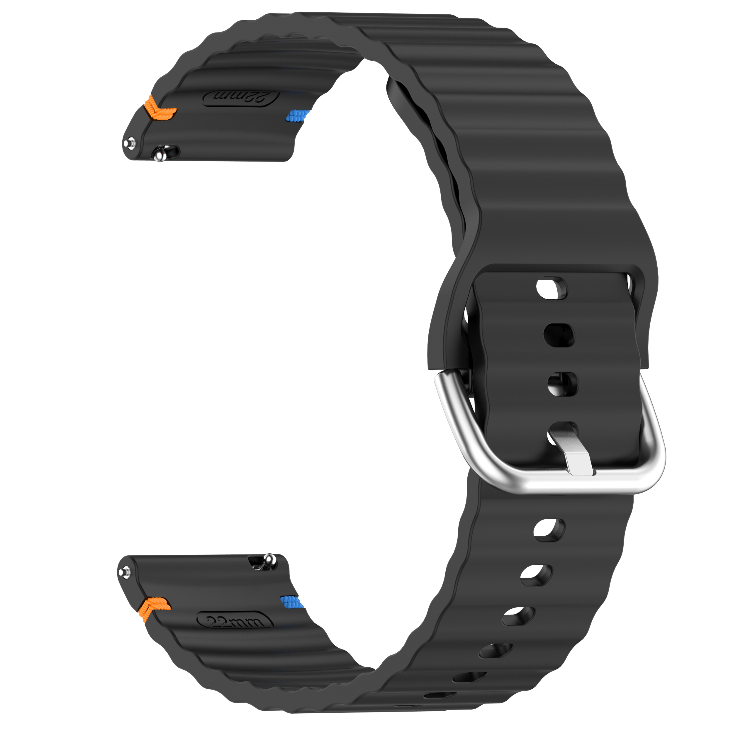 Schwarzes Uhrenarmband mit Rippendesign. Es hat einen orangefarbenen und blauen Akzent an den Uhrenstifthaltern.