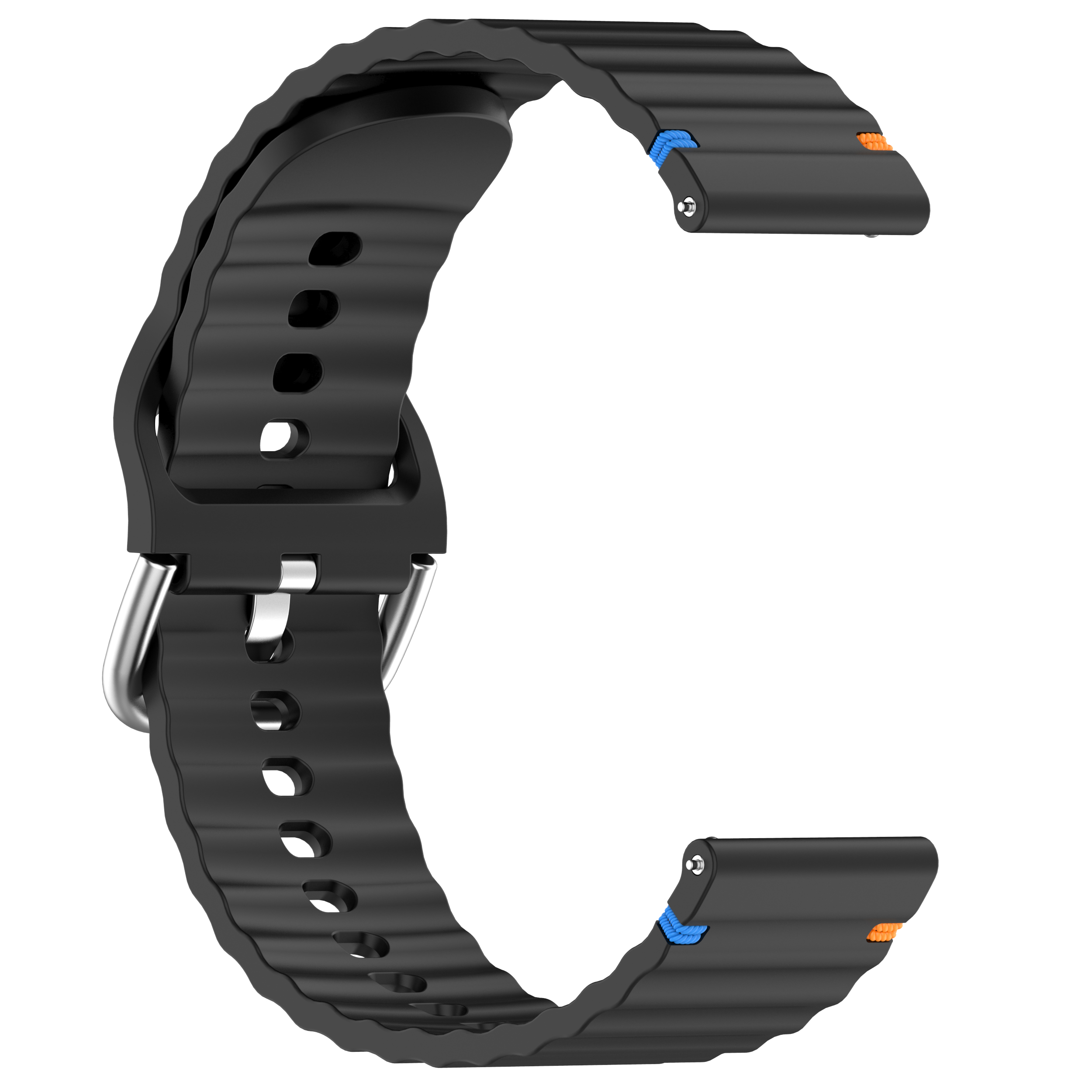 Schwarzes Uhrenarmband mit wellenförmigem Design und Metallschnalle.