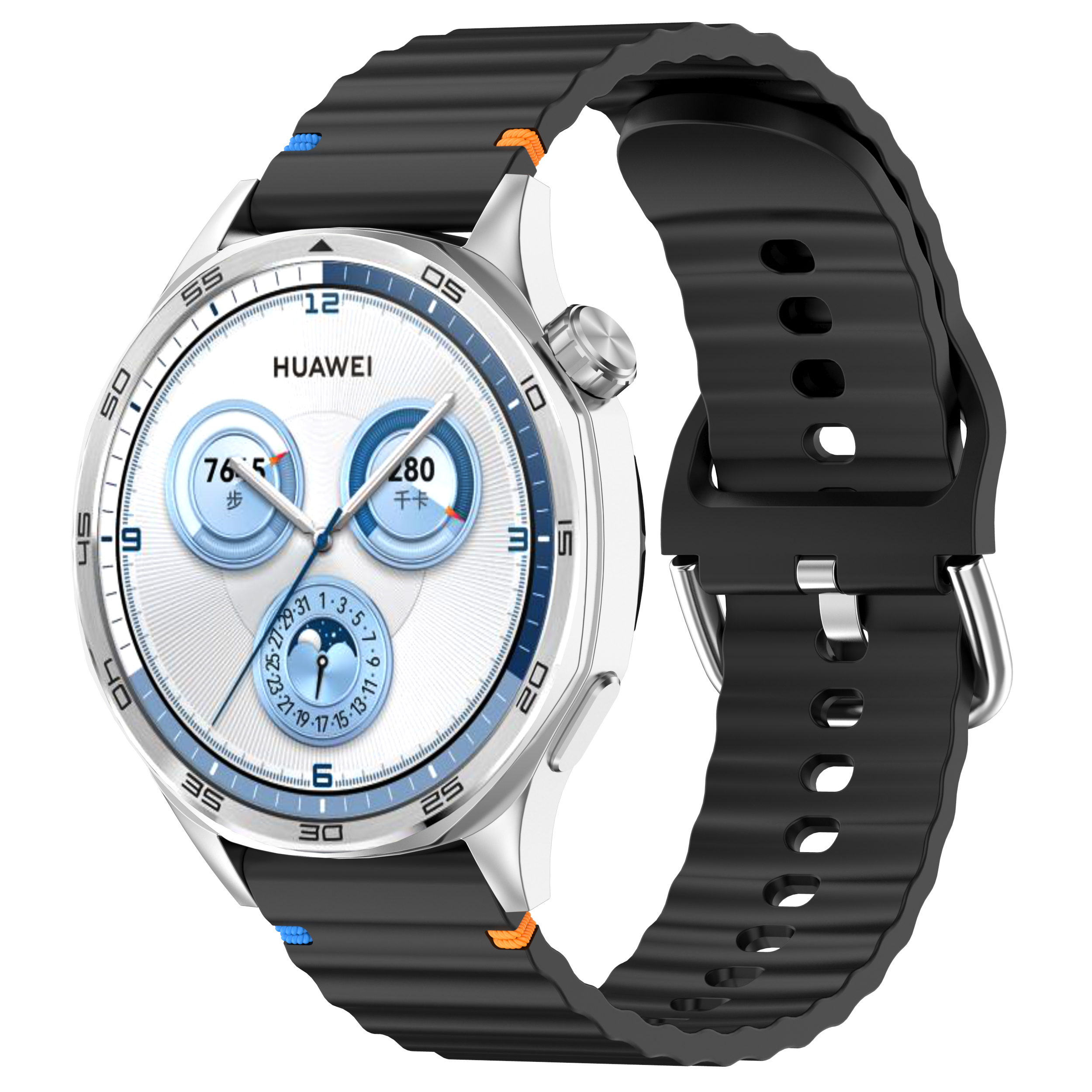 Eine Smartwatch mit weißem Zifferblatt, schwarzem Armband und silbernem Gehäuse. Zeigt Schritte und Herzfrequenz an.