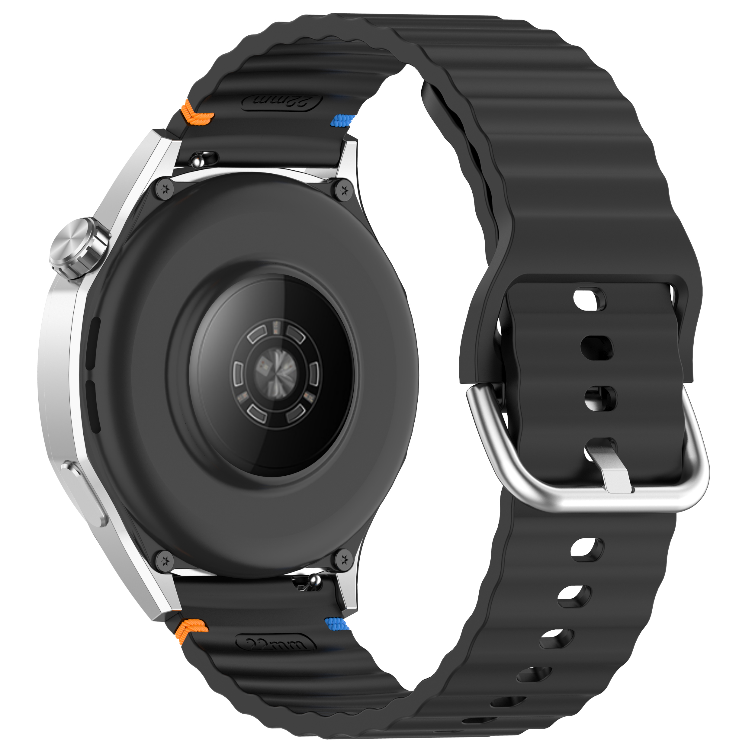 Die Rückseite einer silbernen Smartwatch mit schwarzem Armband, zeigt den Herzfrequenzsensor.