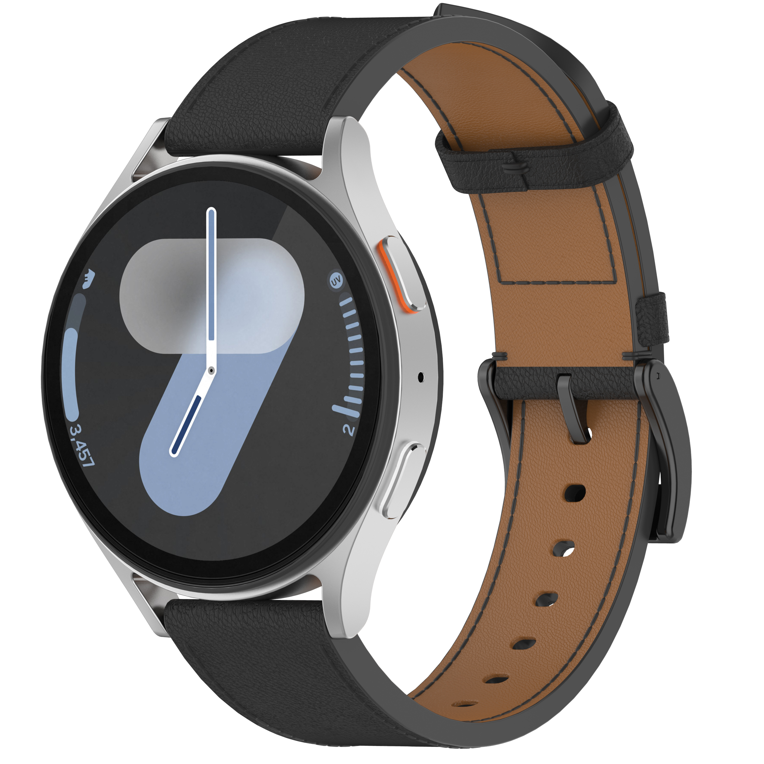 Eine silberne Smartwatch mit schwarzem Lederarmband. Das Zifferblatt zeigt die Zahl 9 und weitere Indikatoren.