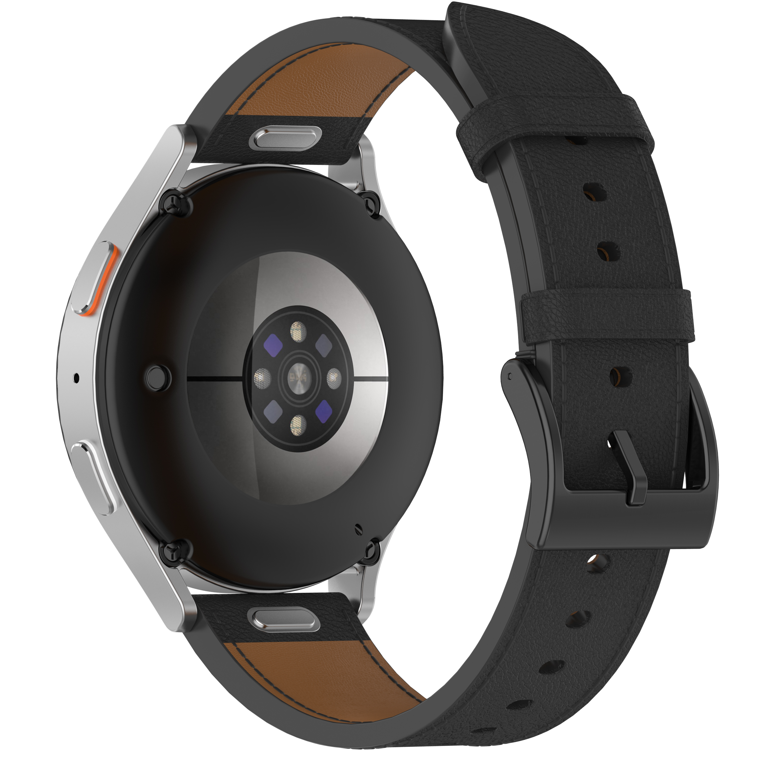 Rückansicht einer silber-schwarzen Smartwatch mit schwarzem Lederarmband.