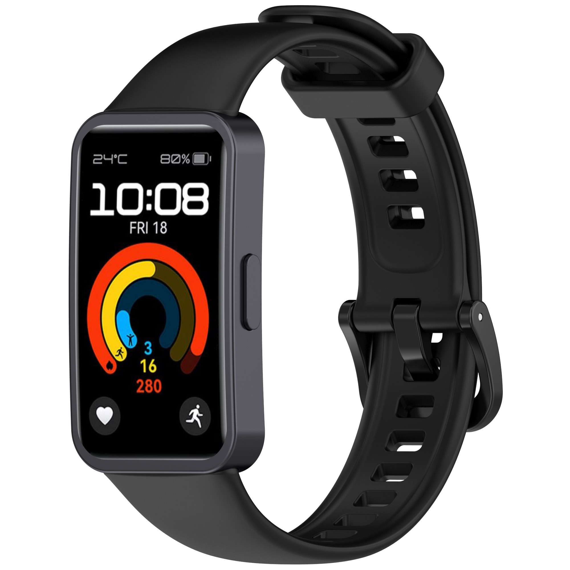Czarny smartwatch Huawei z czarnym paskiem. Ekran wyświetla czas, datę i dane aktywności.