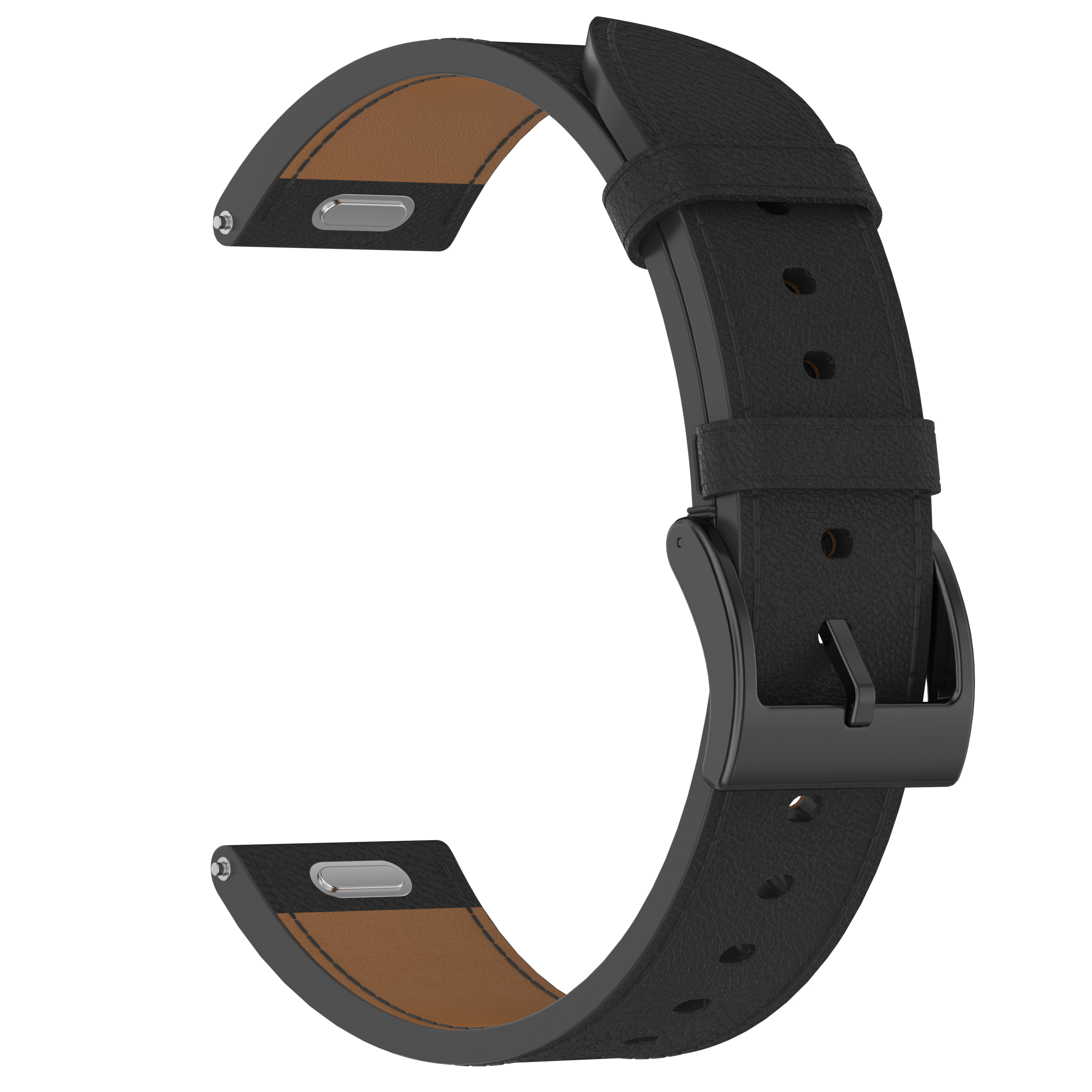 Schwarzes Uhrenarmband. Das Armband ist aus Leder, mit schwarzem Verschluss und brauner Unterseite.