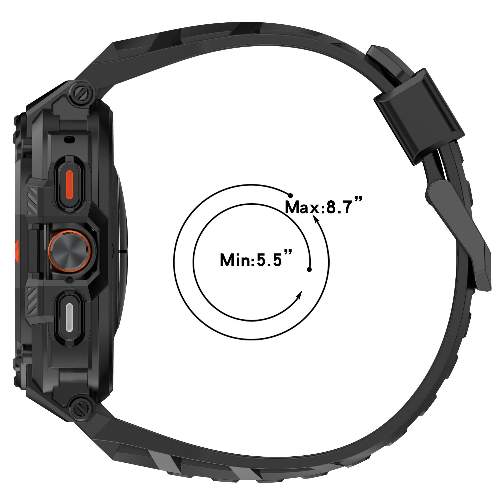 Smartwatch nero di lato. Mostra la gamma di dimensioni del polso da 5,5" a 8,7". Sfondo bianco.