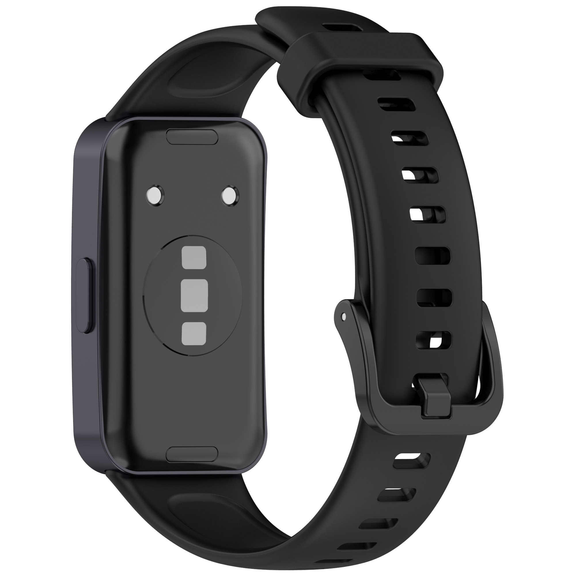 Czarny smartwatch, widok z tyłu, z czarnym paskiem. Pokazuje czujniki i punkty ładowania.
