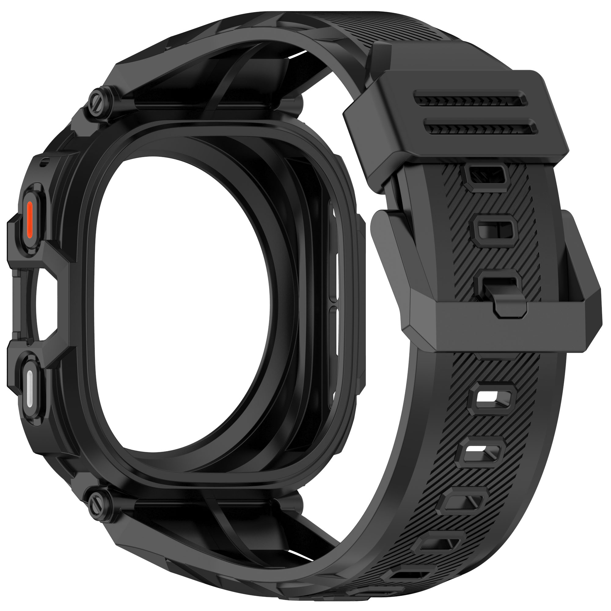 Cinturino nero per smartwatch con design robusto e chiusura a fibbia.