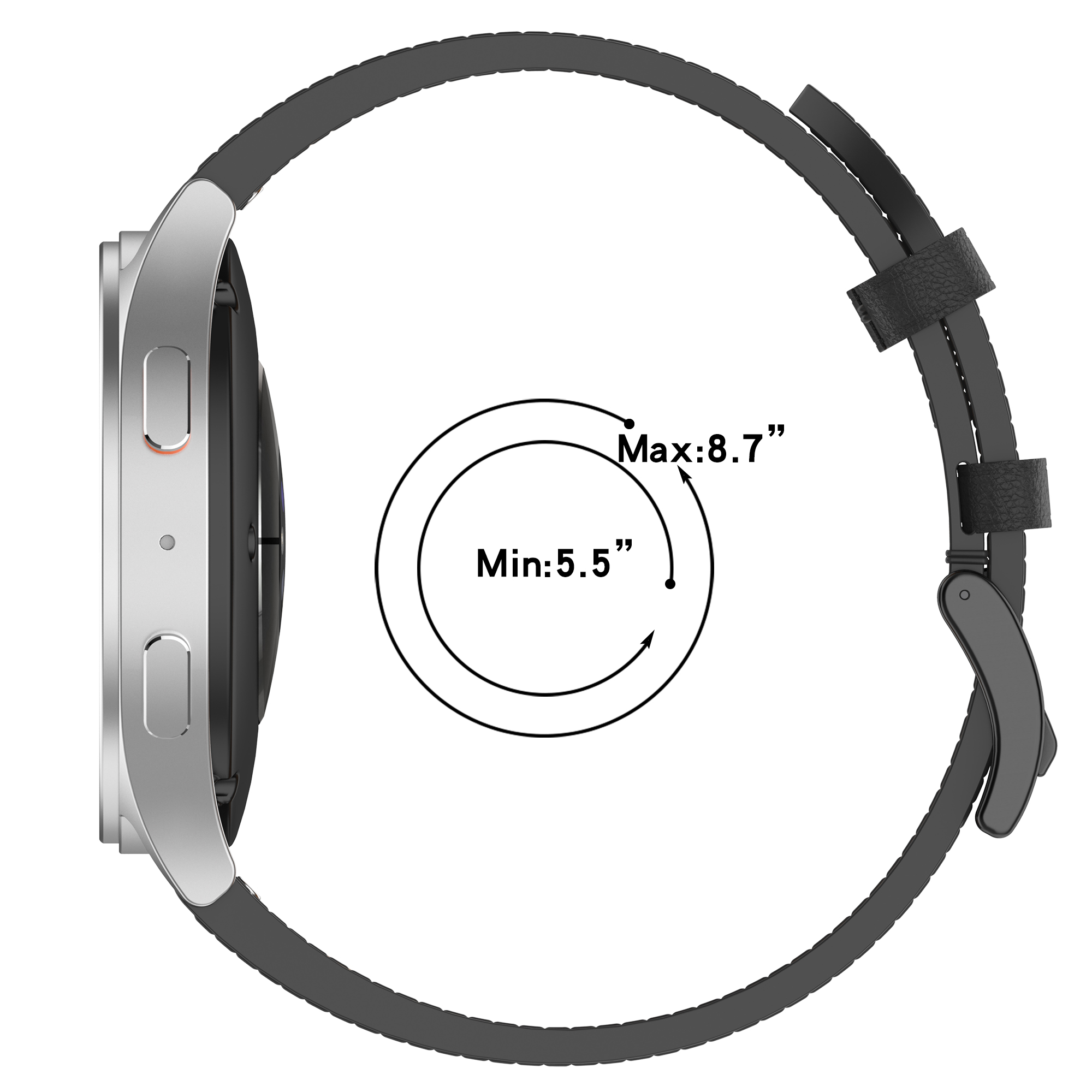 Silberne Smartwatch mit schwarzem Armband, 5,5-8,7 Zoll.