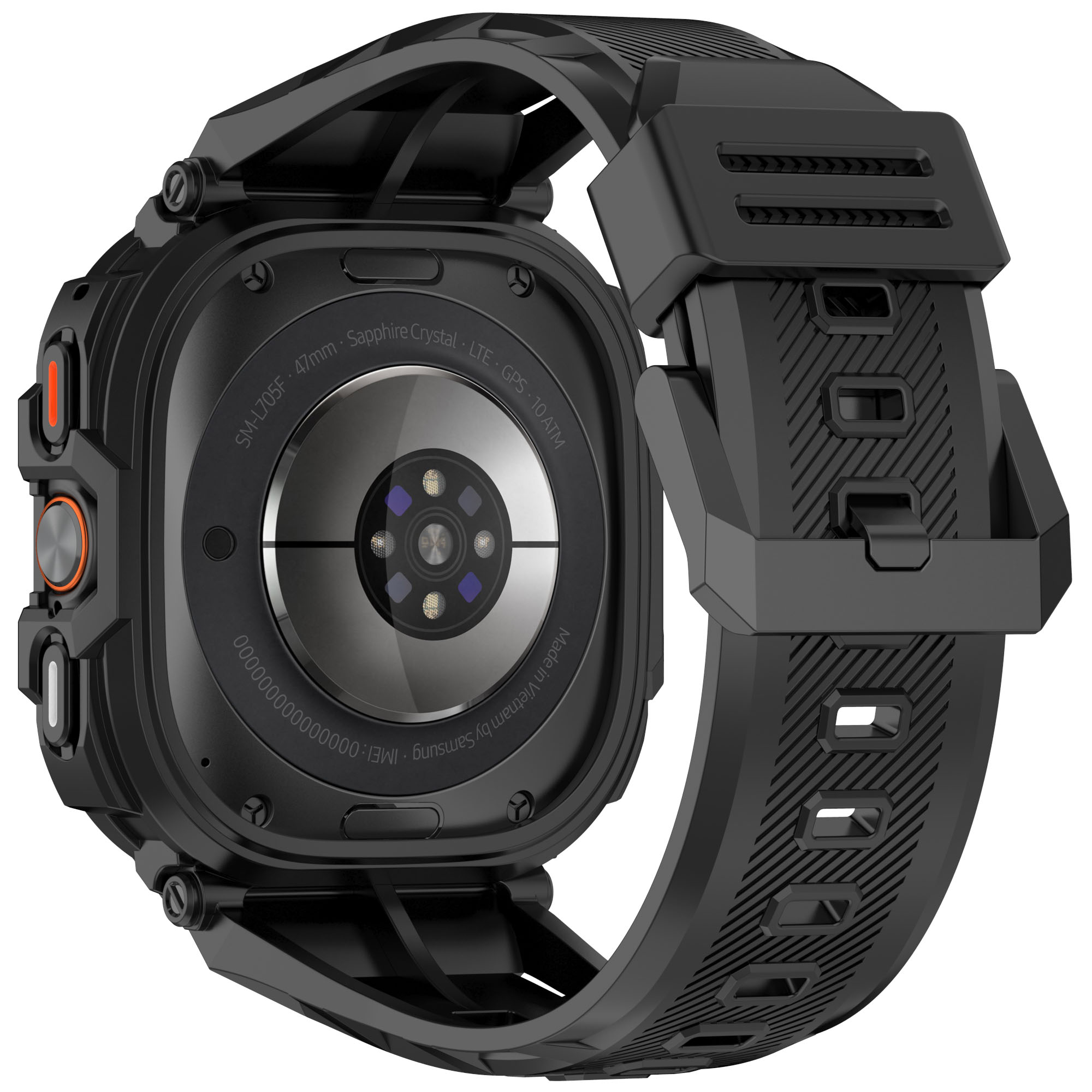 Smartwatch nero con design robusto, che mostra il retro con sensori e cinturino.