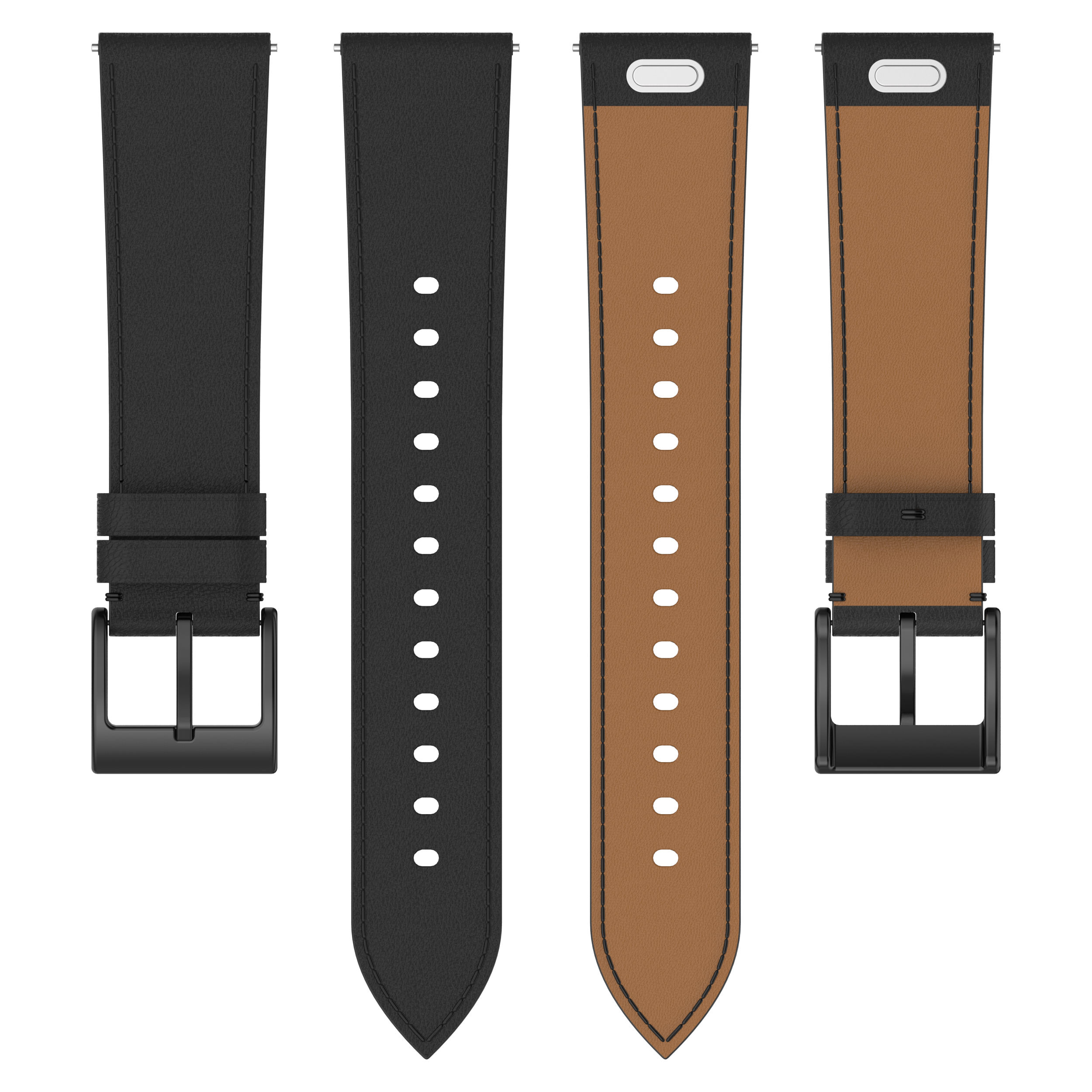 Vier Uhrenarmbänder. Zwei schwarze Armbänder und zwei braune Armbänder. Weißer Hintergrund.