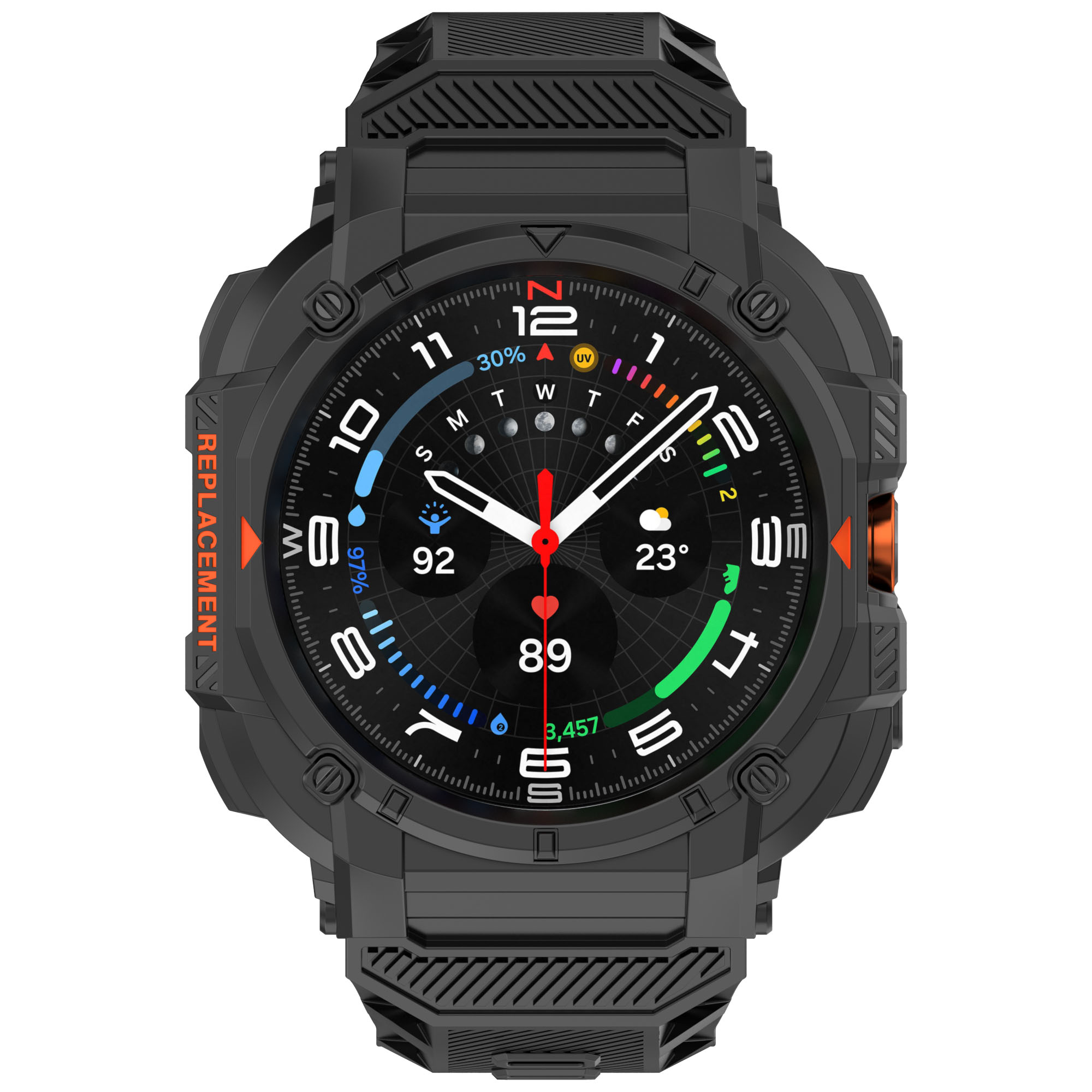 Smartwatch nero con display digitale, lancetta dei secondi rossa e più punti dati.
