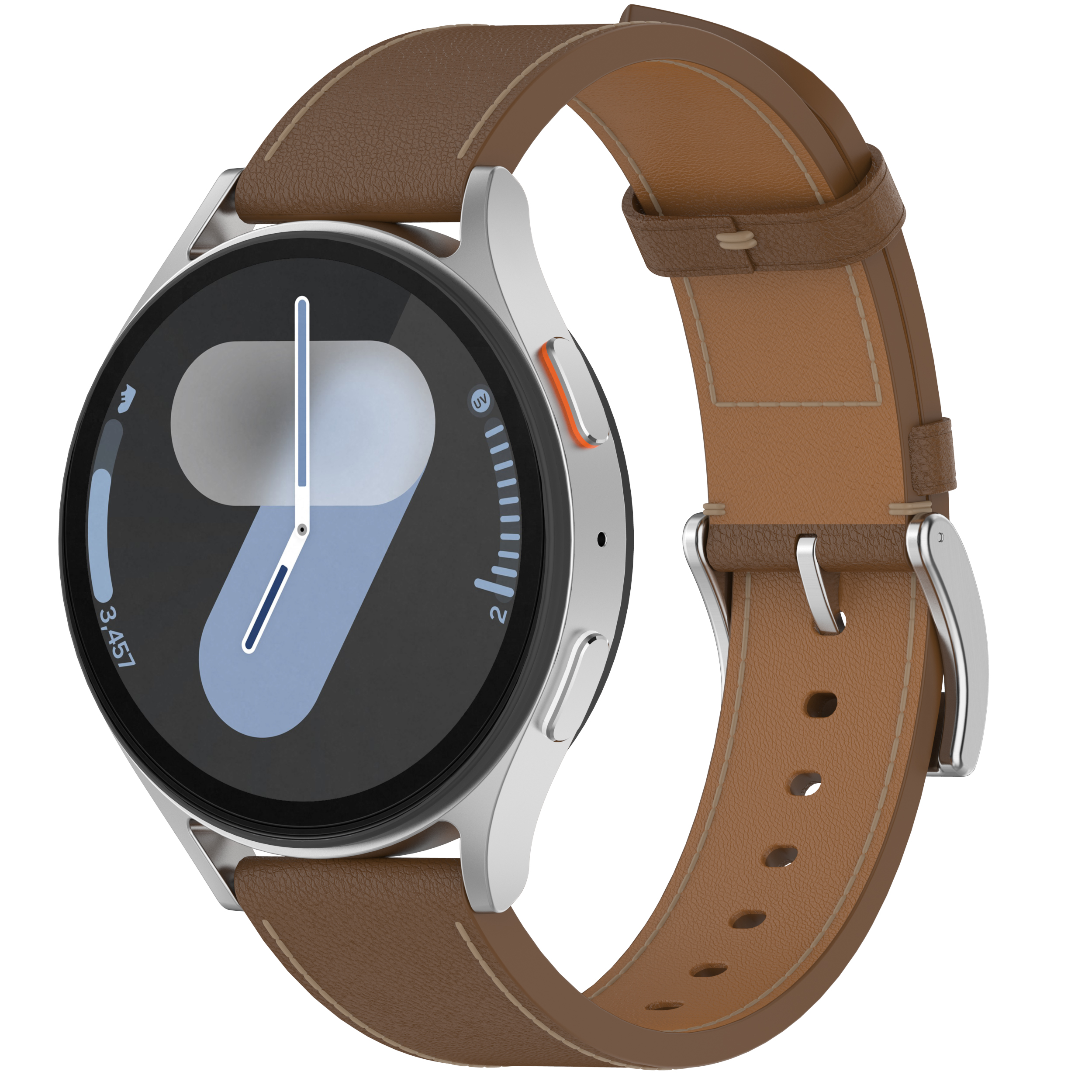 Eine silberne Smartwatch mit braunem Lederarmband.