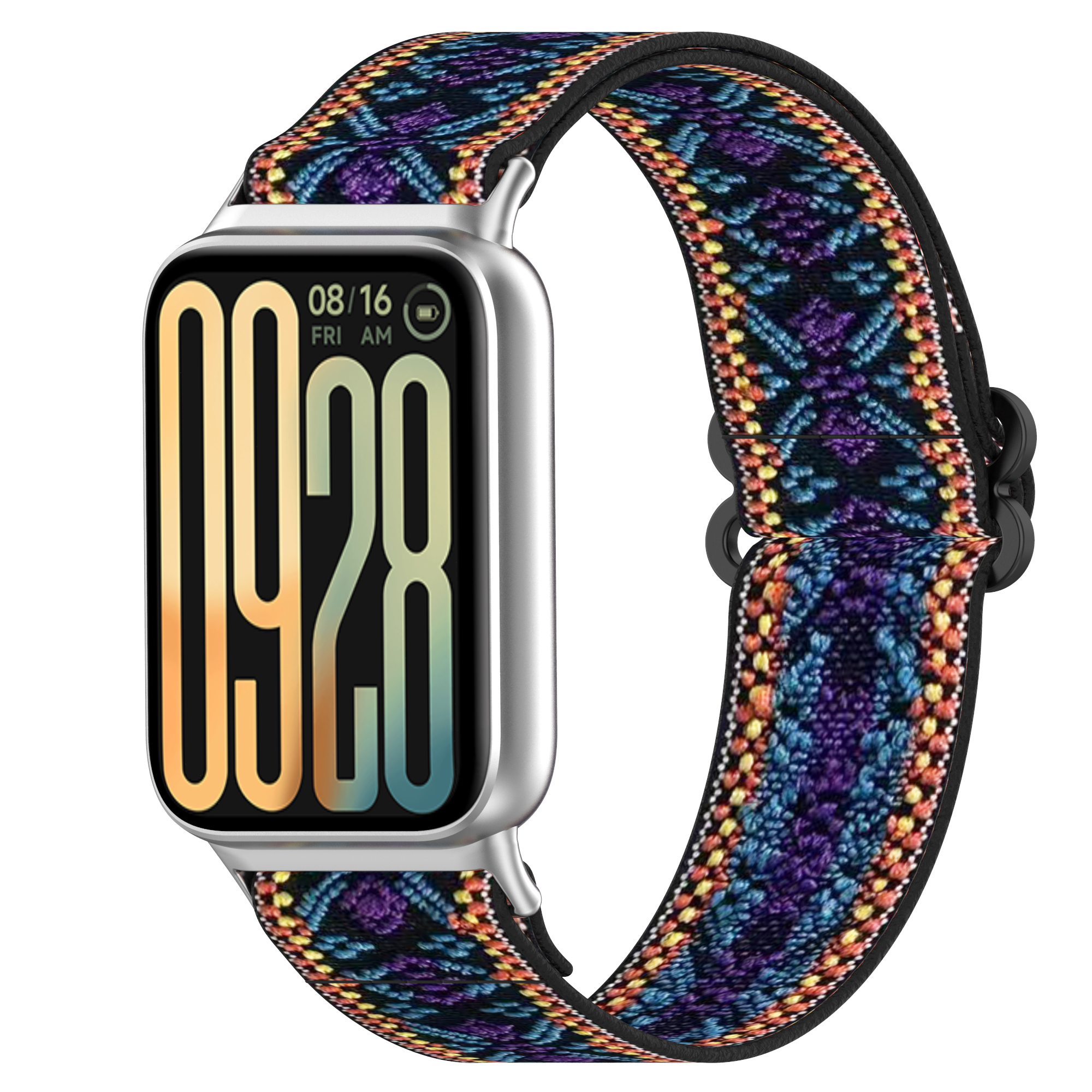 Silberne Smartwatch mit bunt gewebtem Armband. Das Zifferblatt zeigt Zeit und Datum.