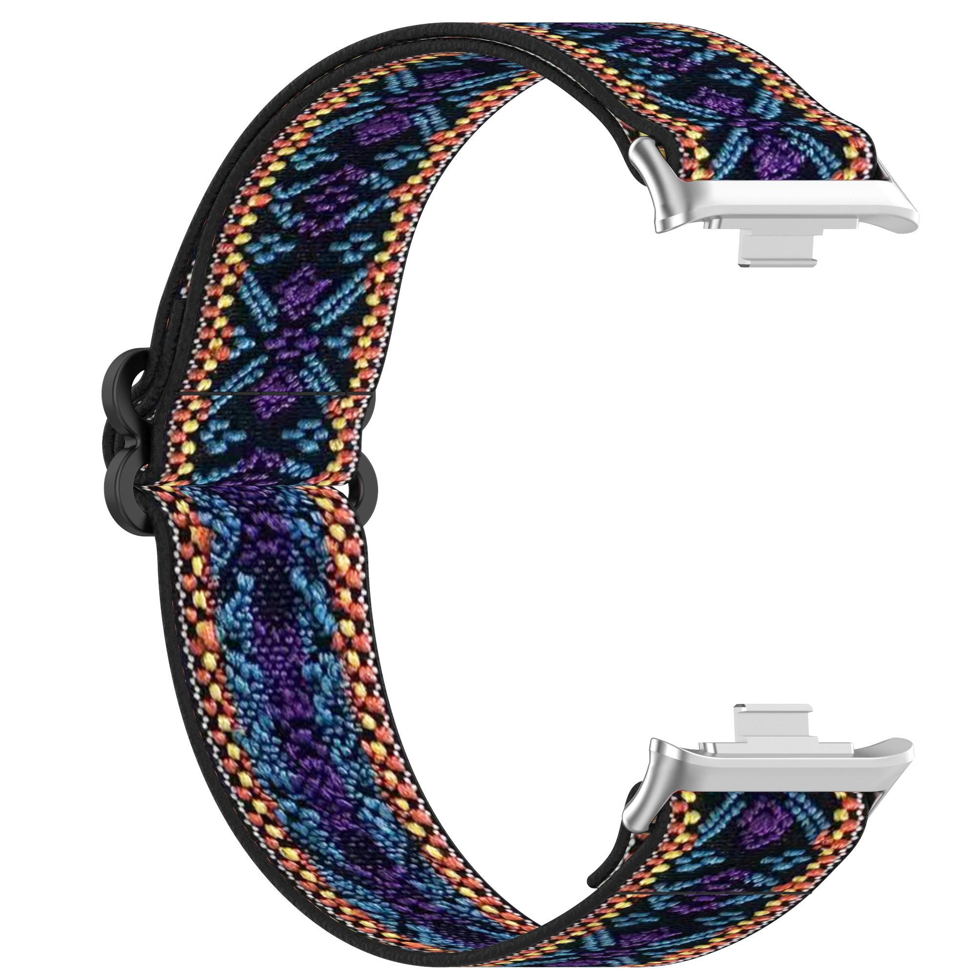 Ein Uhrenarmband. Es hat ein buntes geometrisches Muster. An jedem Ende befinden sich zwei silberne Aufsätze.