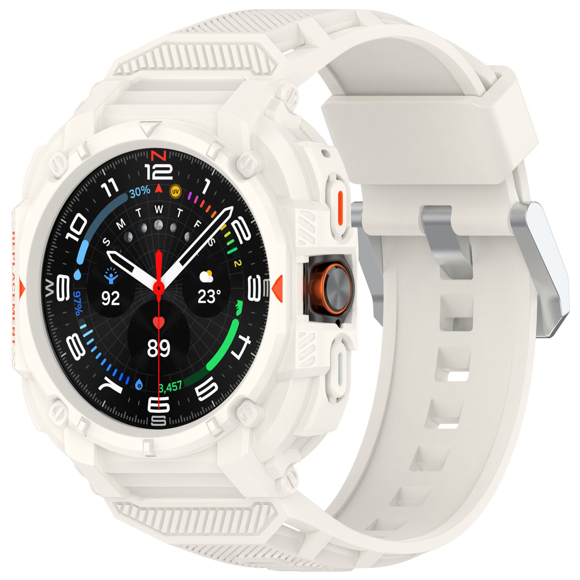 Smartwatch bianco con schermo nero che mostra ora e metriche di salute, e cinturino bianco.