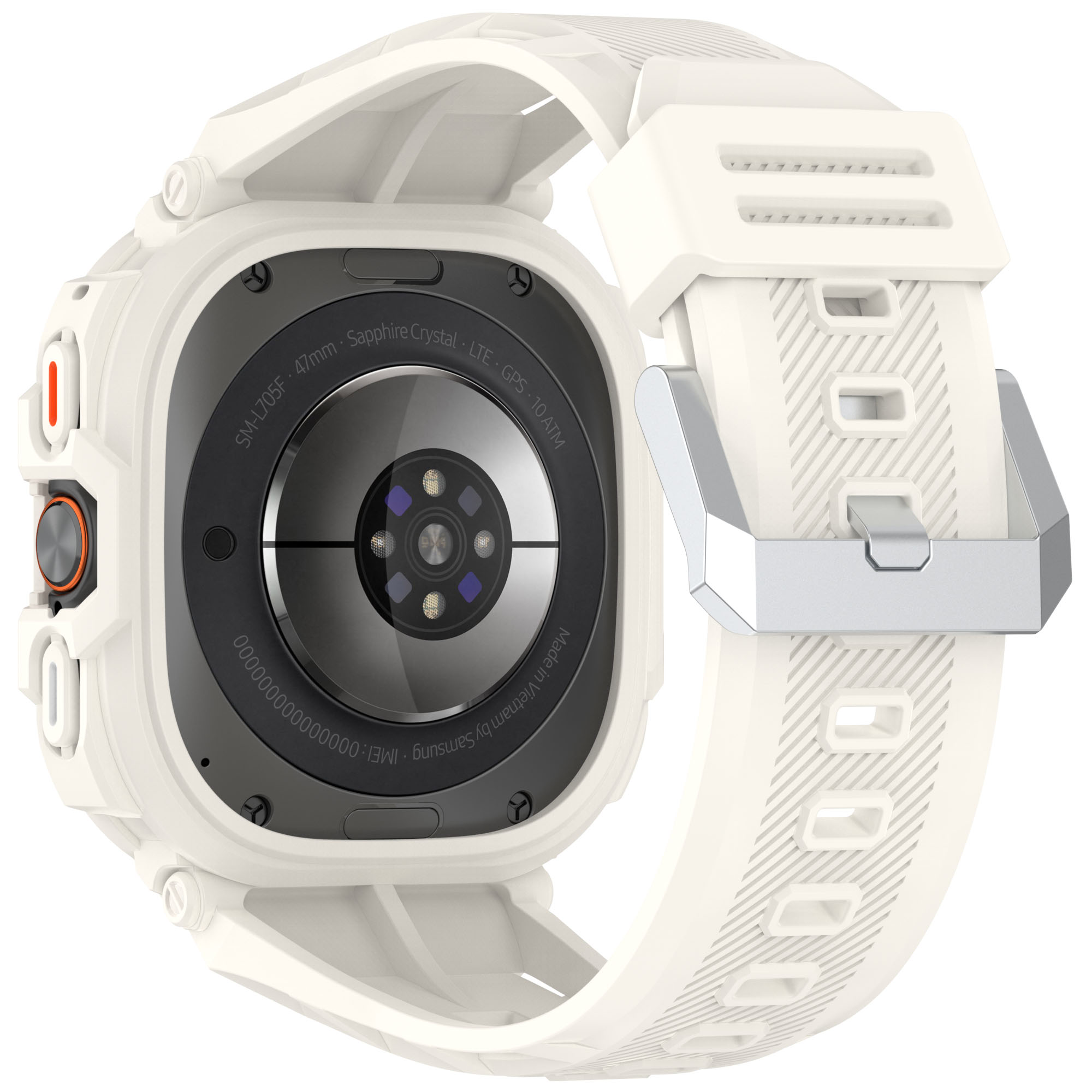 Smartwatch bianco con cinturino bianco. Il retro mostra superficie nera con sensori e testi.