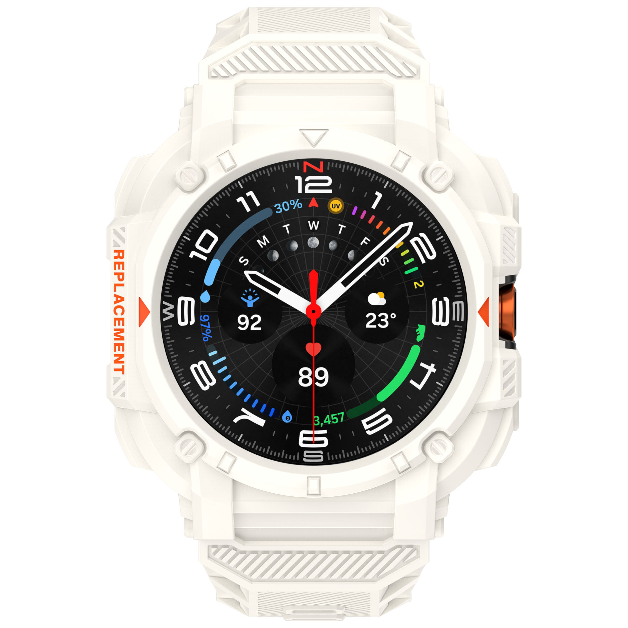 Smartwatch bianco e robusto con quadrante nero che mostra ora, metriche di salute e funzioni digitali.