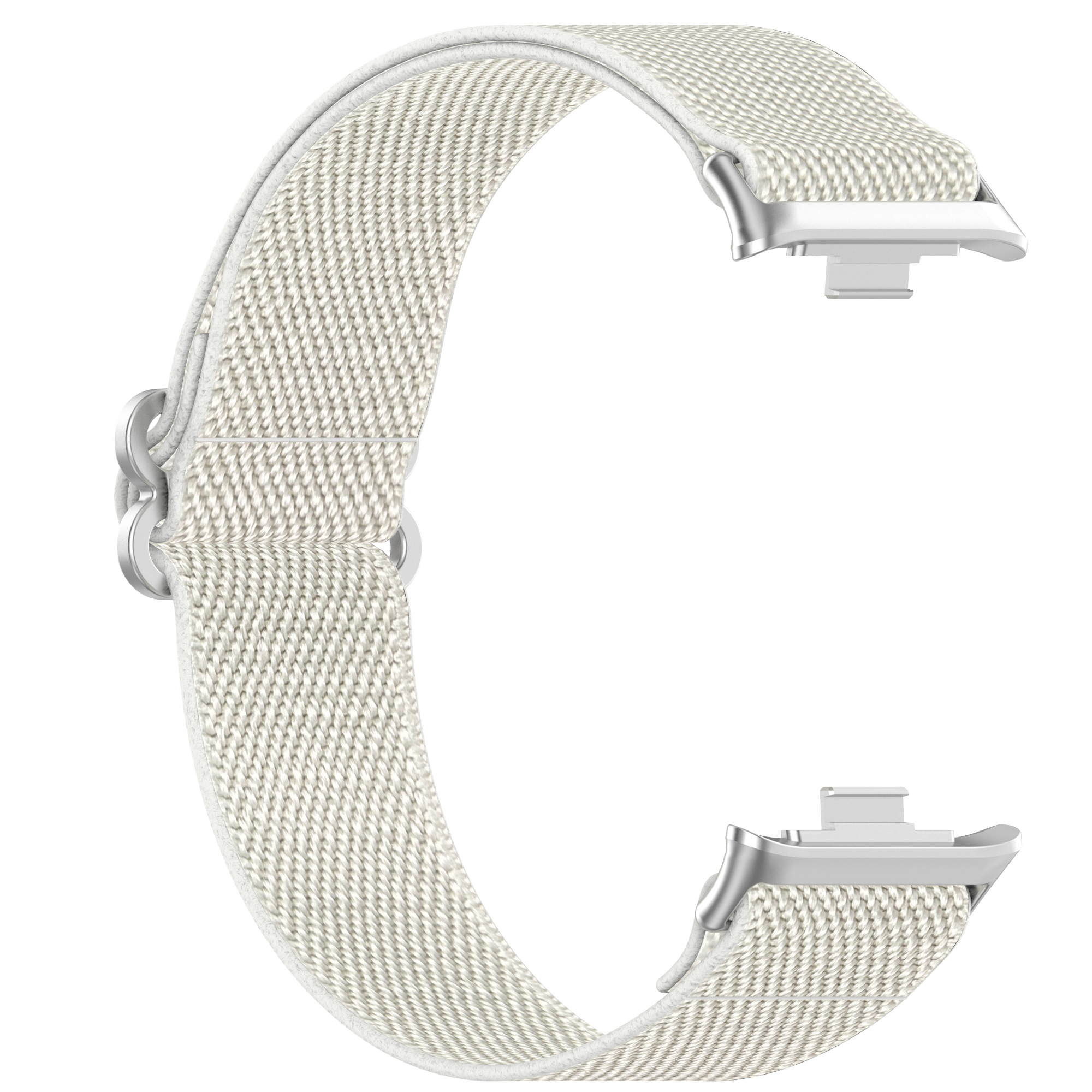 Beiges Uhrenarmband mit Metallverschlüssen. Weißer Hintergrund.