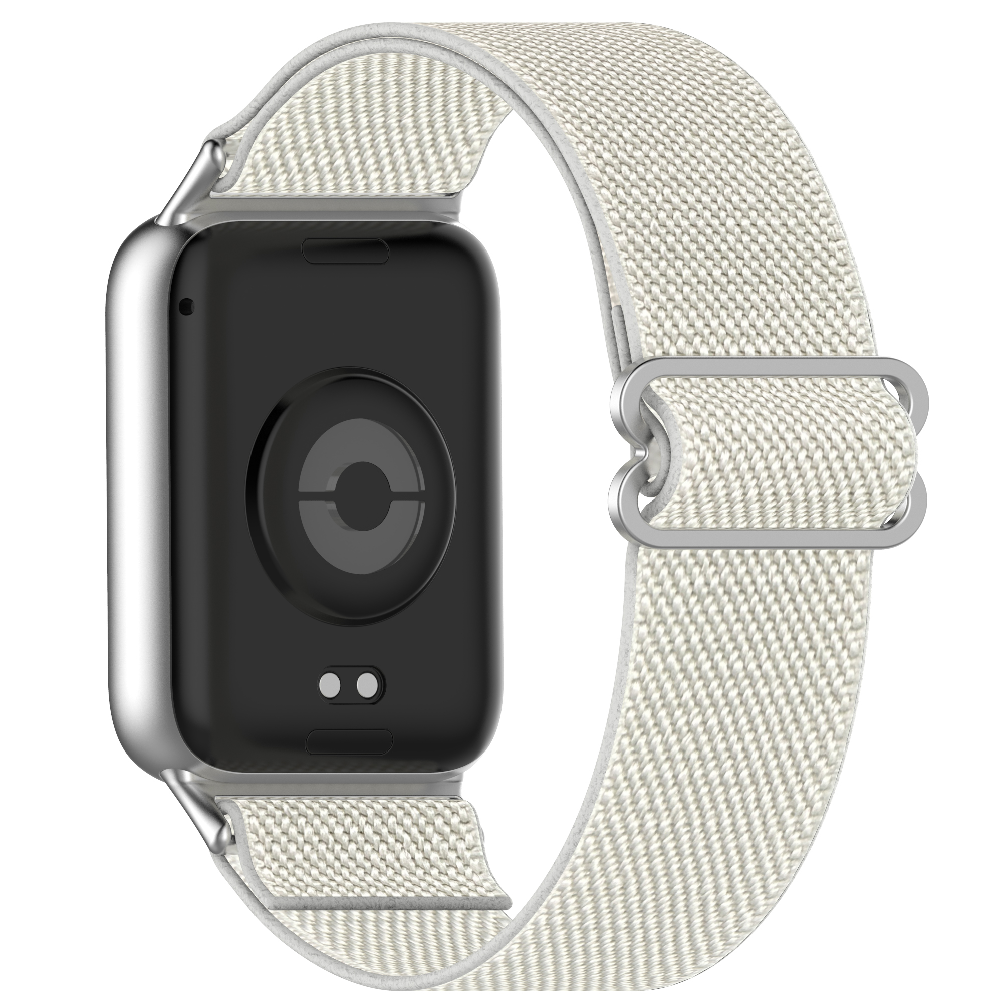 Smartwatch mit hellfarbigem Armband. Rückseite mit schwarzem Sensor und silbernem Rahmen sichtbar.