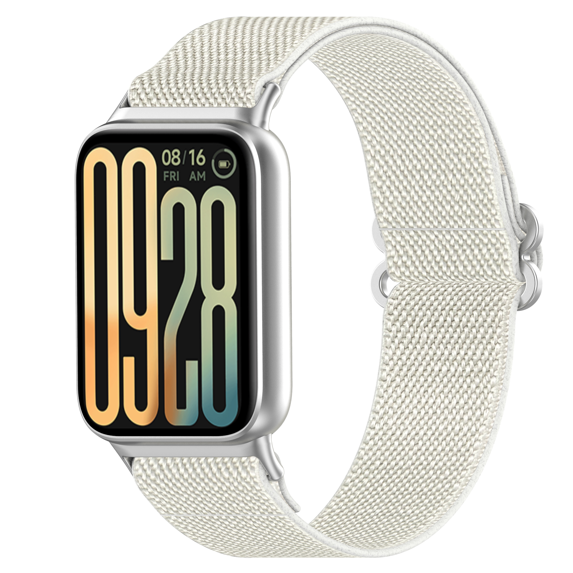 Silberne Smartwatch mit hellfarbenem Stoffarmband. Der Bildschirm zeigt Datum und Uhrzeit.