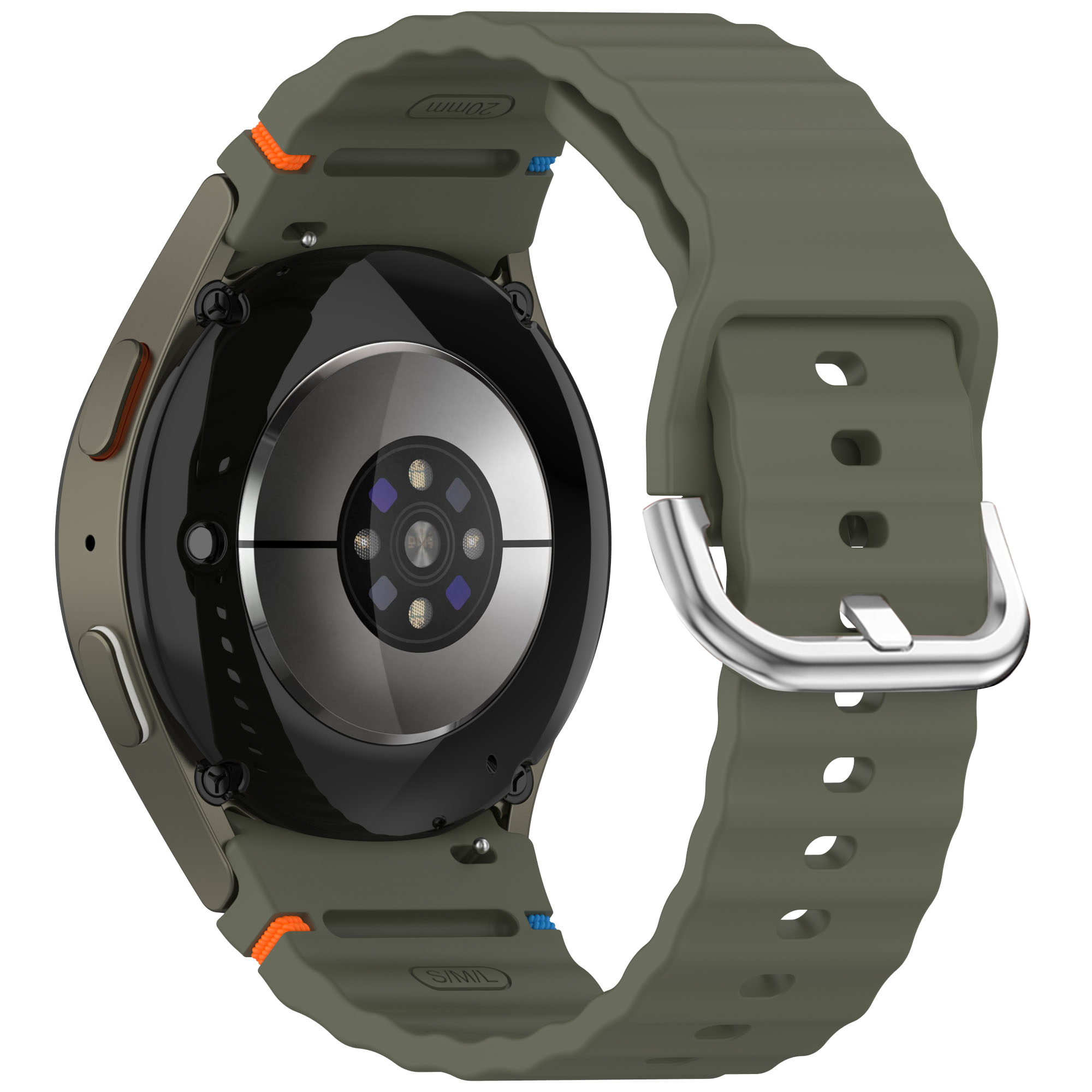 Nahaufnahme einer Smartwatch. Die Uhr ist olivgrün mit grünem Armband und silberner Schließe.