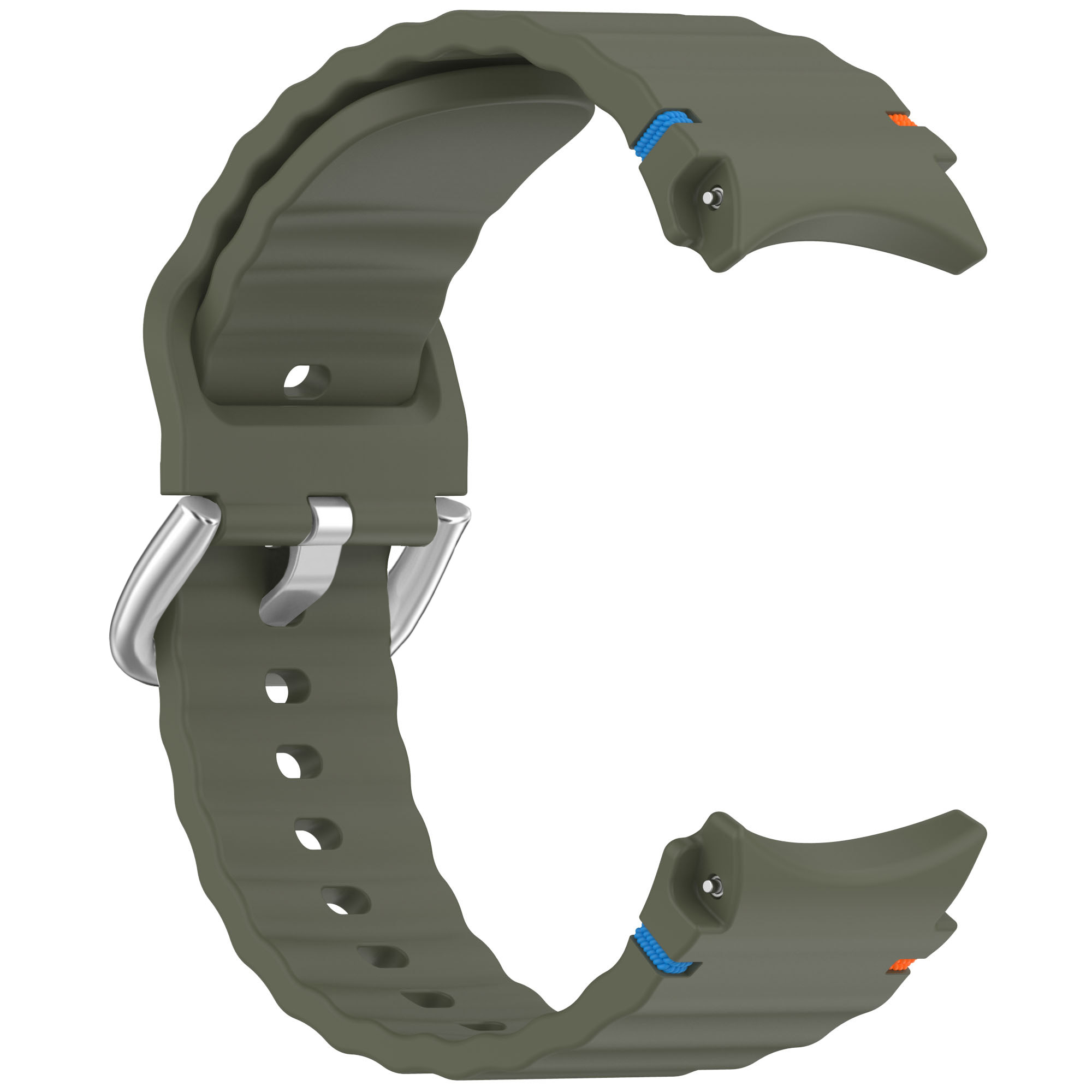 Olivgrünes Uhrenarmband mit Metallschnalle.