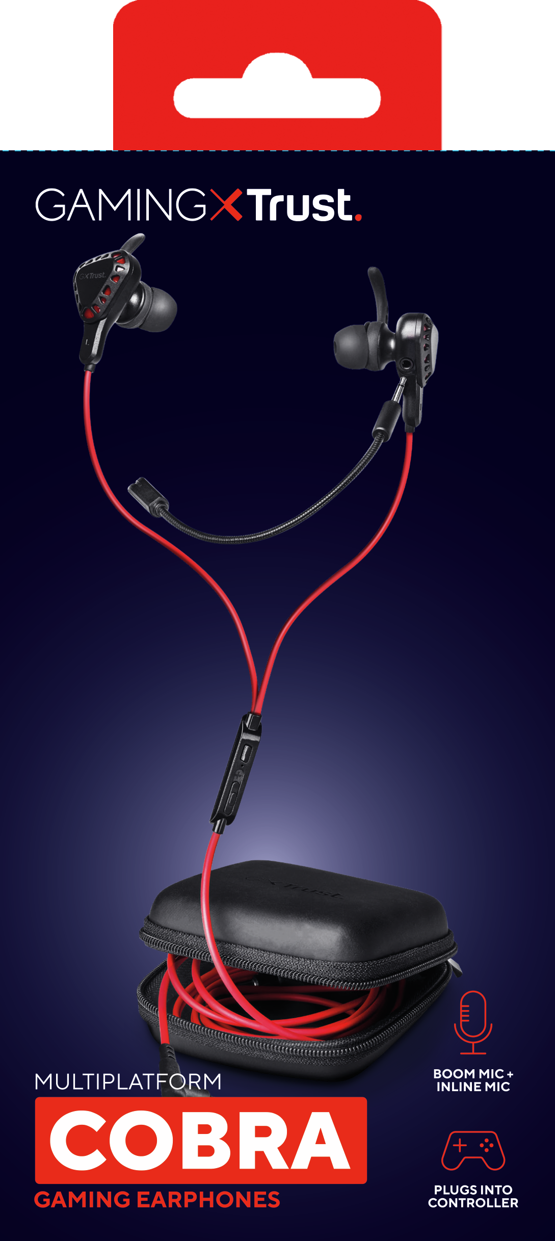 Cuffie da gioco in una custodia, con cavo rosso, microfono a braccio e microfono in linea con presa controller.