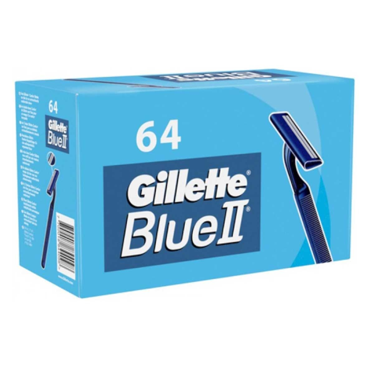 Doos met 64 Gillette Blue II scheermesjes. Blauwe doos met afbeelding en tekst.